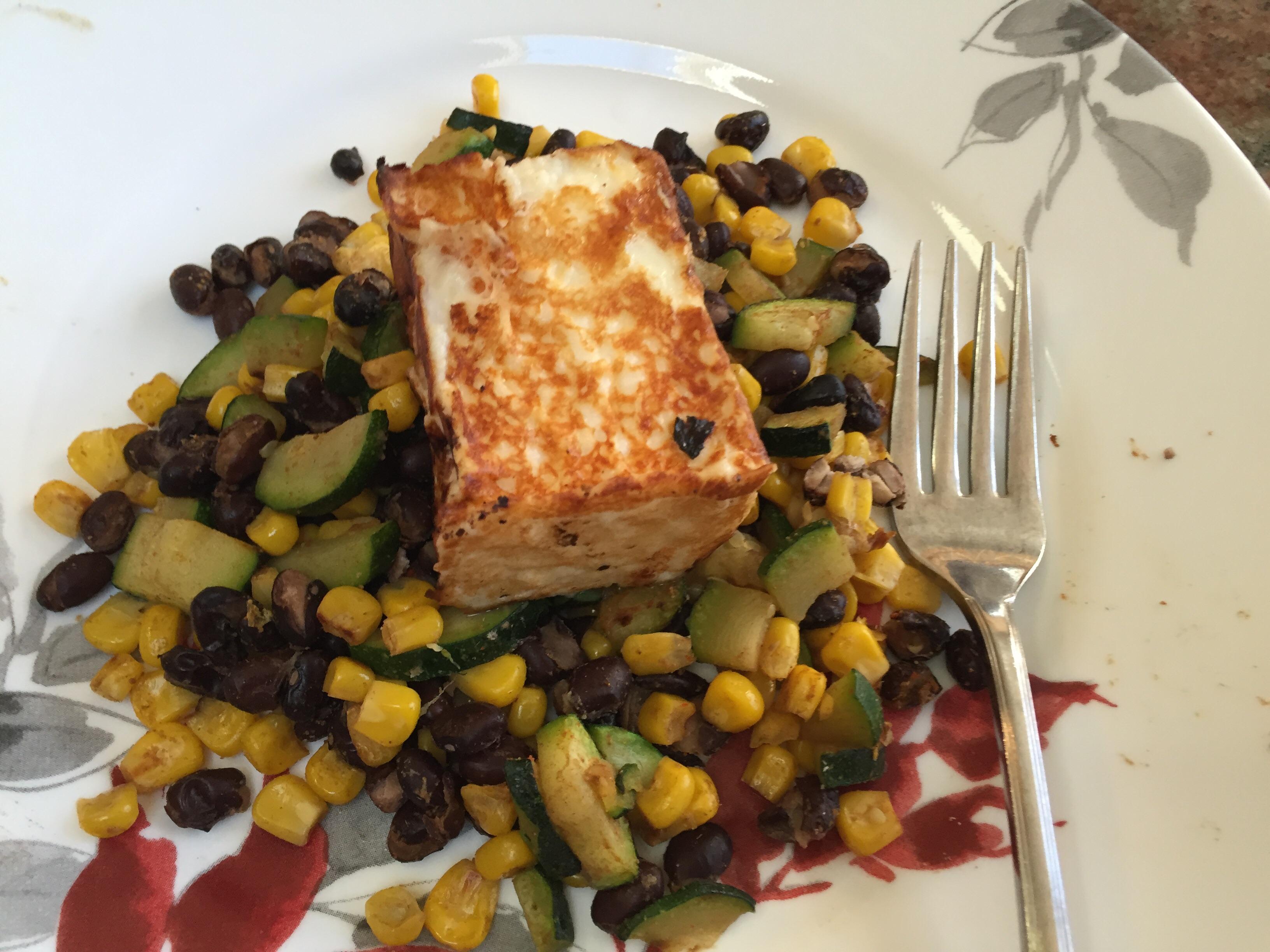 Grilled Halloumi with a Zucchini Corn Mexican Salad (412 Calories and