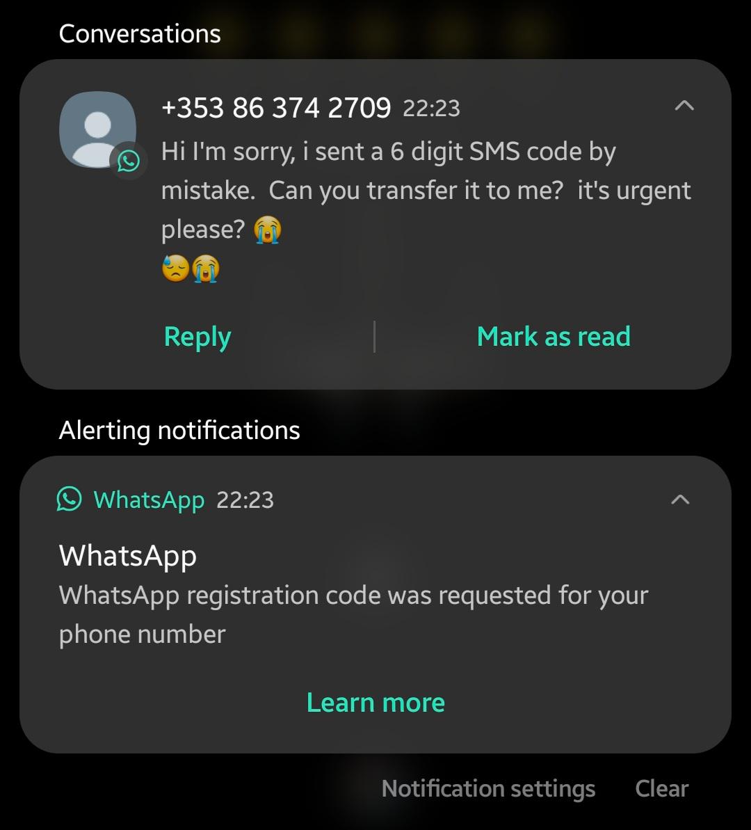 SCAM ALERT. Do not share any codes with random numbers on your WhatsApp