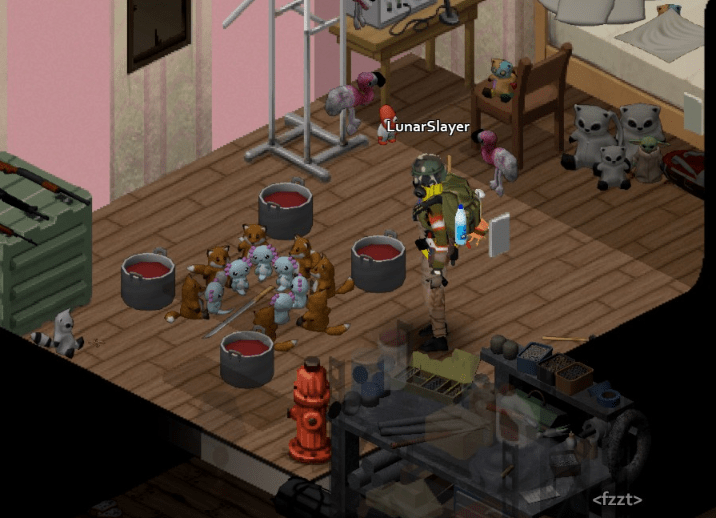 Made a summoning circle of axolotls, foxes and pans of blood. Zomboid is a good game r