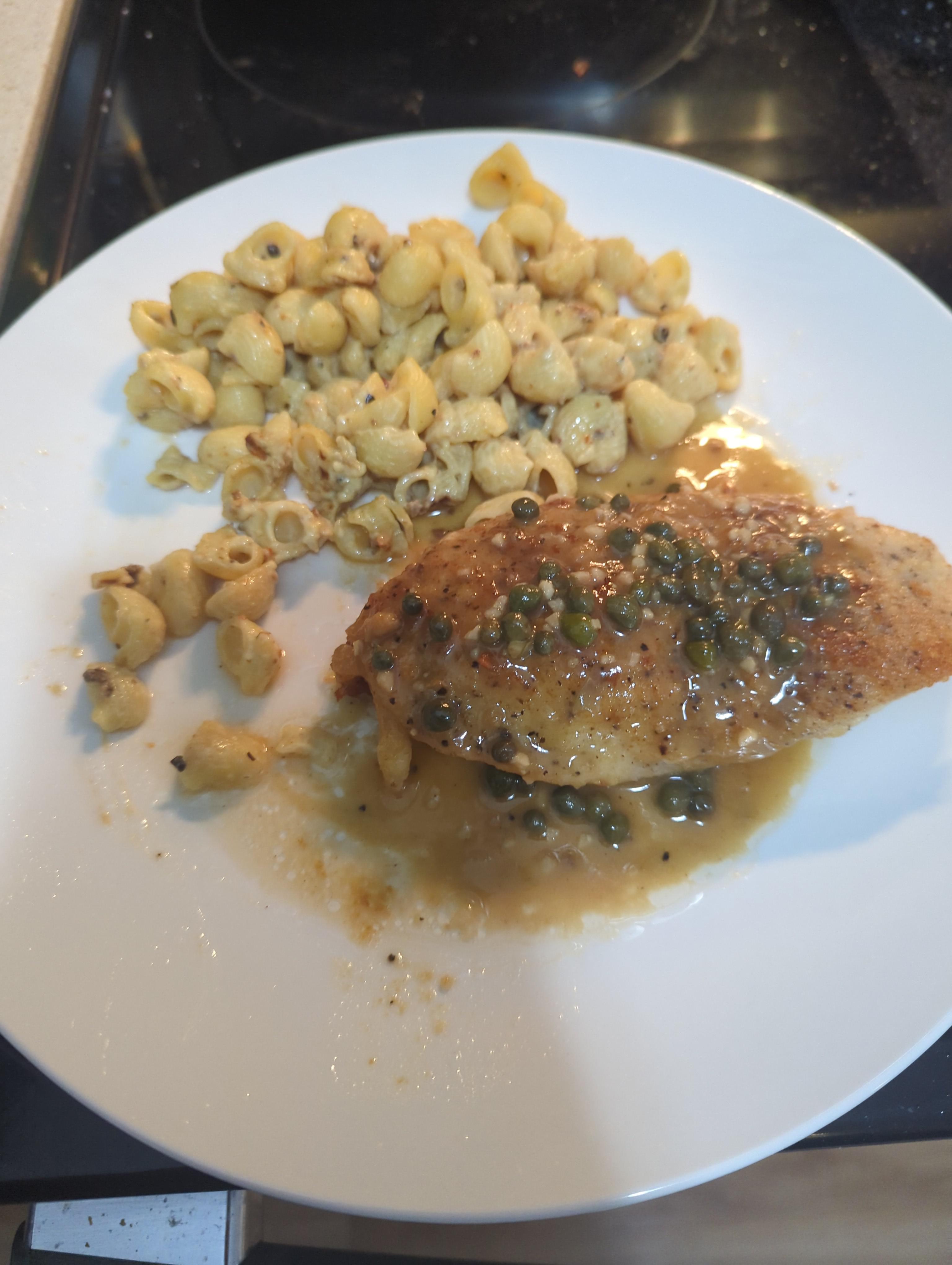 Chicken picatta, and truffle+porcini mushroom Mac and cheese (boxed