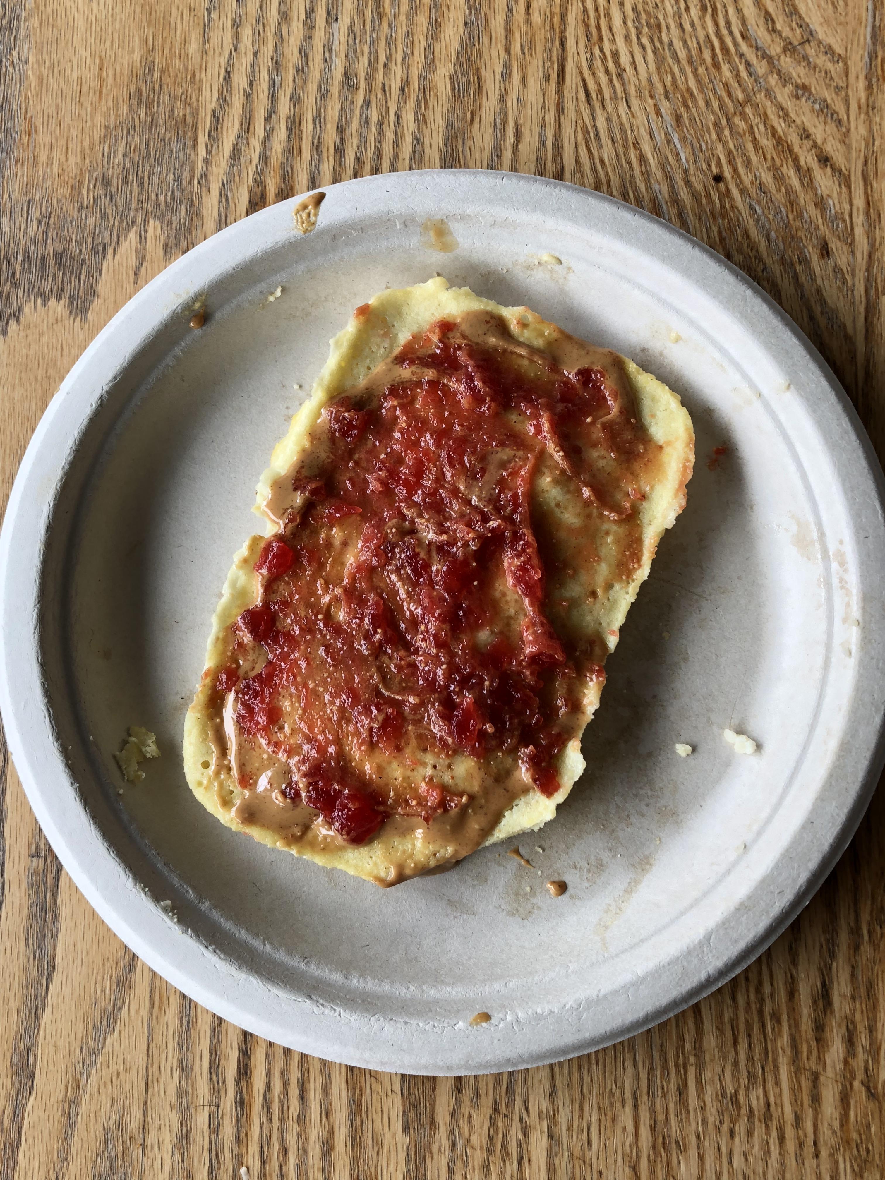 Keto PB&J with microwave almond flour bread and sugarfree jam! 420 cal