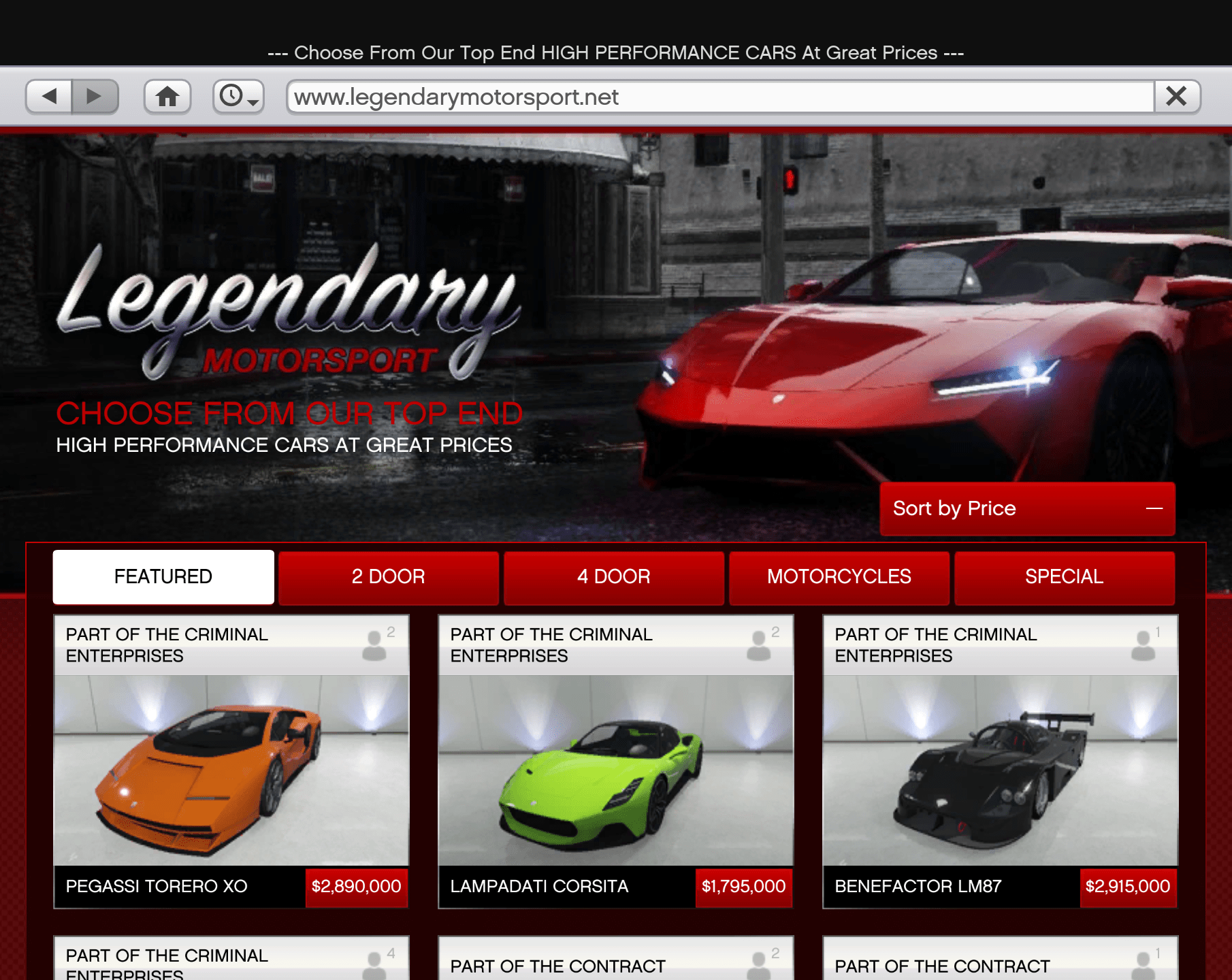 There is no way to see all cars at once in Legendary Motorsports