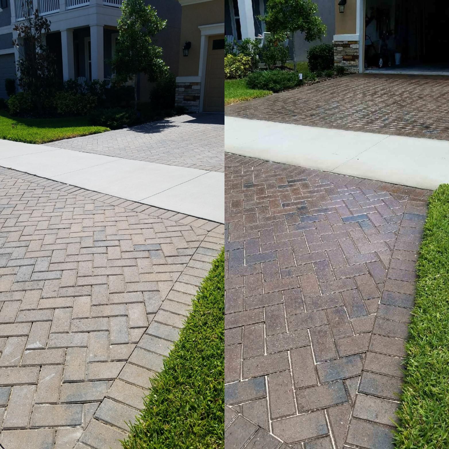Before and after of cleaned, resanded and sealed brick paver driveway