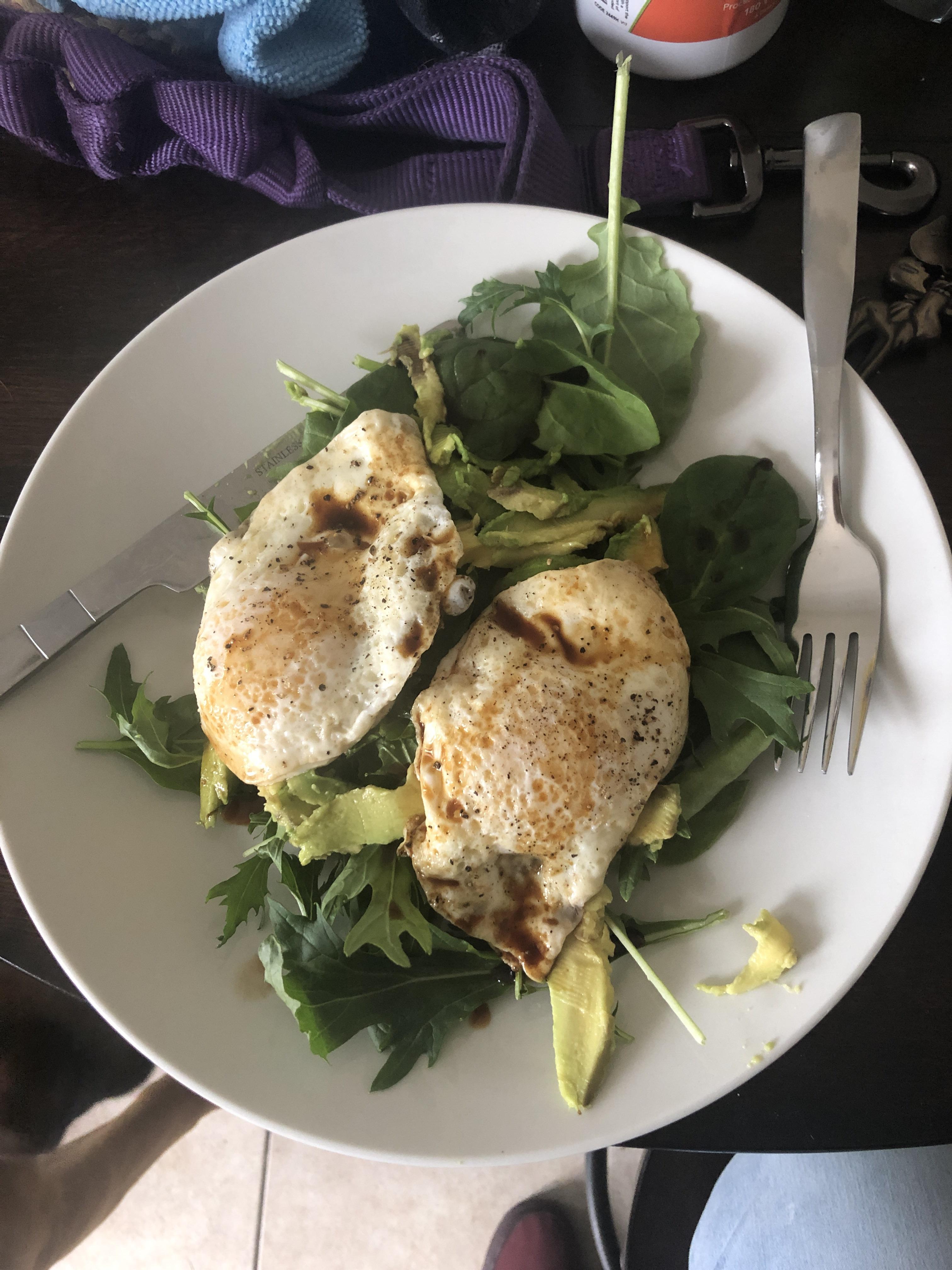 Seems weird but delicious. Eggs, Avo, Power Greens, and Soy Sauce