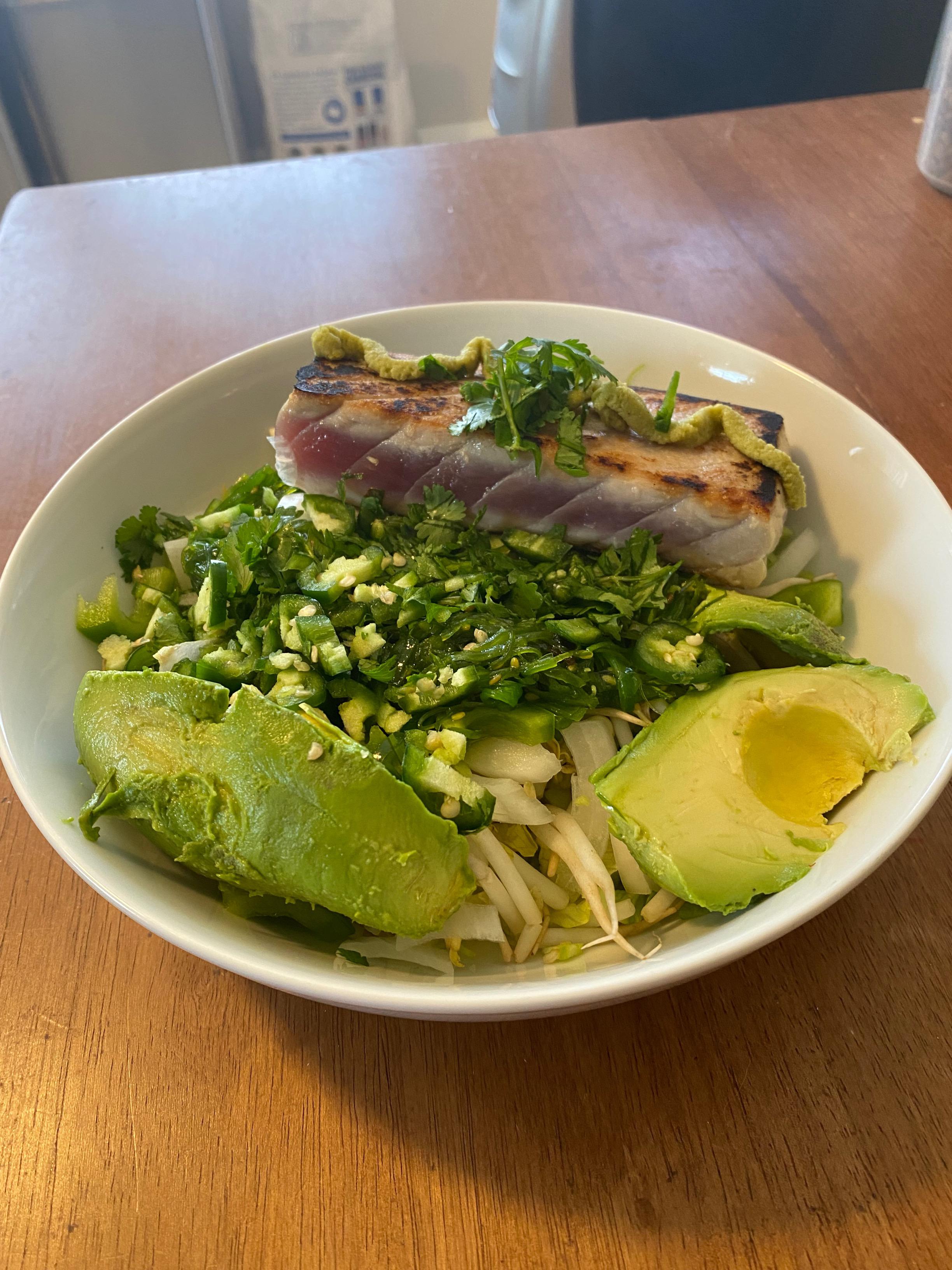Seared Ahi Tuna Salad. Seaweed, lettuce, bean sprouts, serrano peppers
