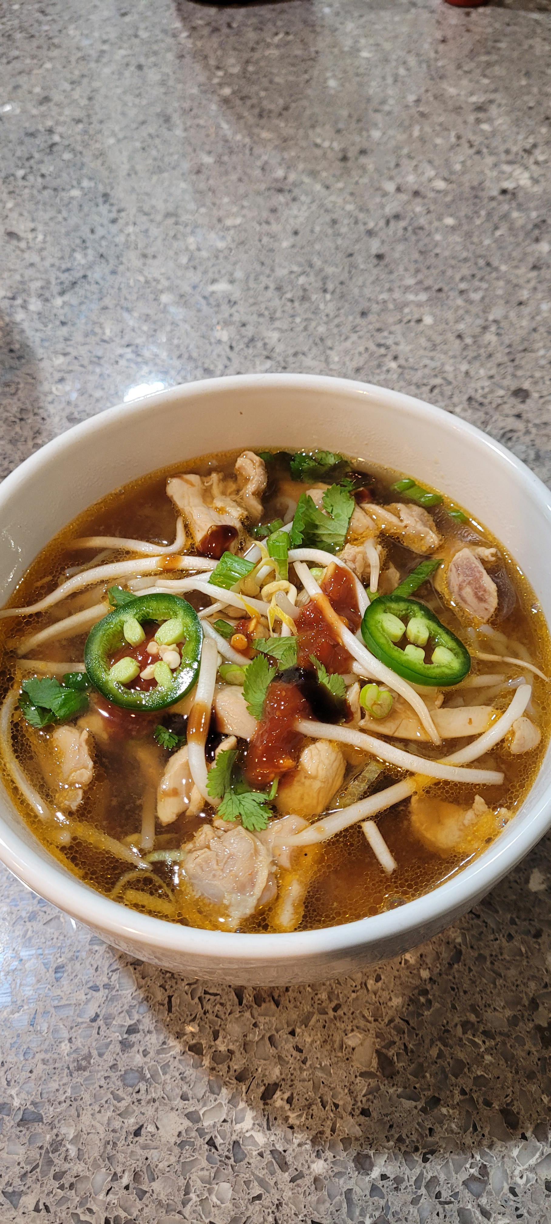 Pho with chicken and shirataki noodles. Big bowl for about 250 cals