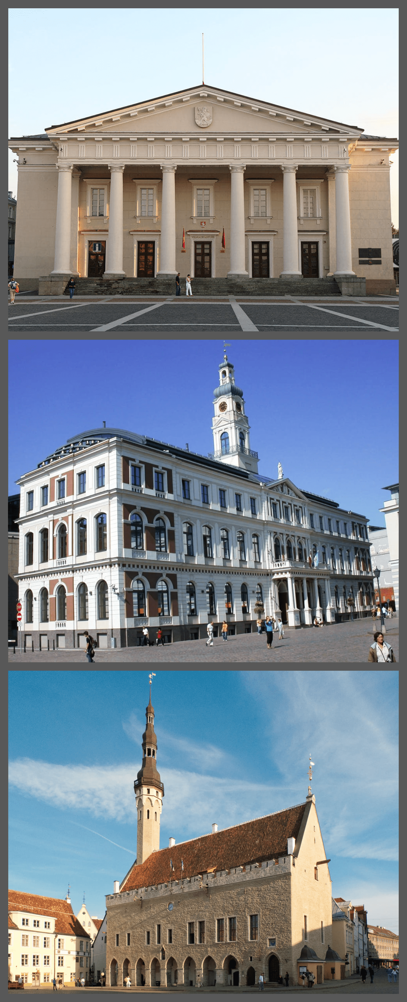 Town halls of the capitals of the Baltic States. Top to bottom
