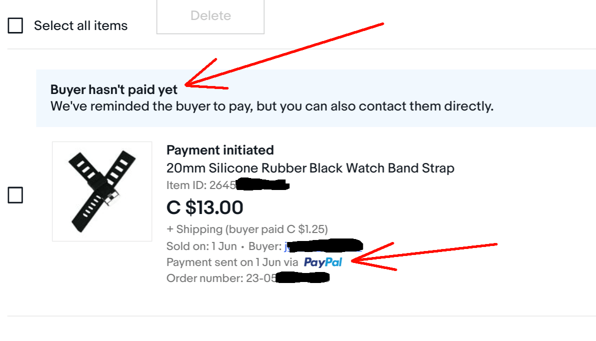Sold item says "Buyer hasn't paid" & also "Payment sent on 1 June via