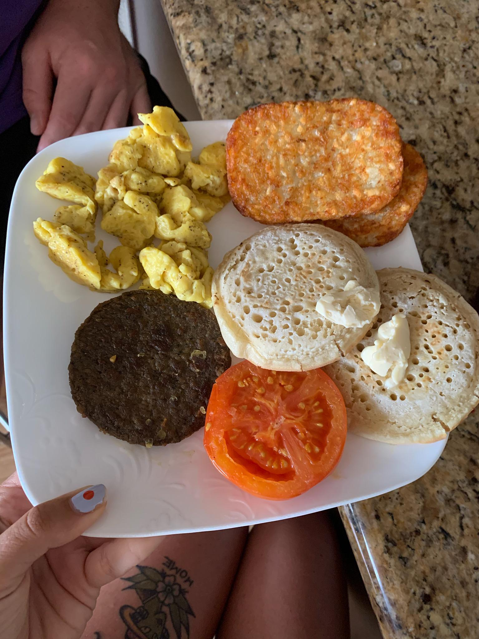 Just Egg, Field Roast sausage, hasbrowns, crumpets, and a tomato. Such