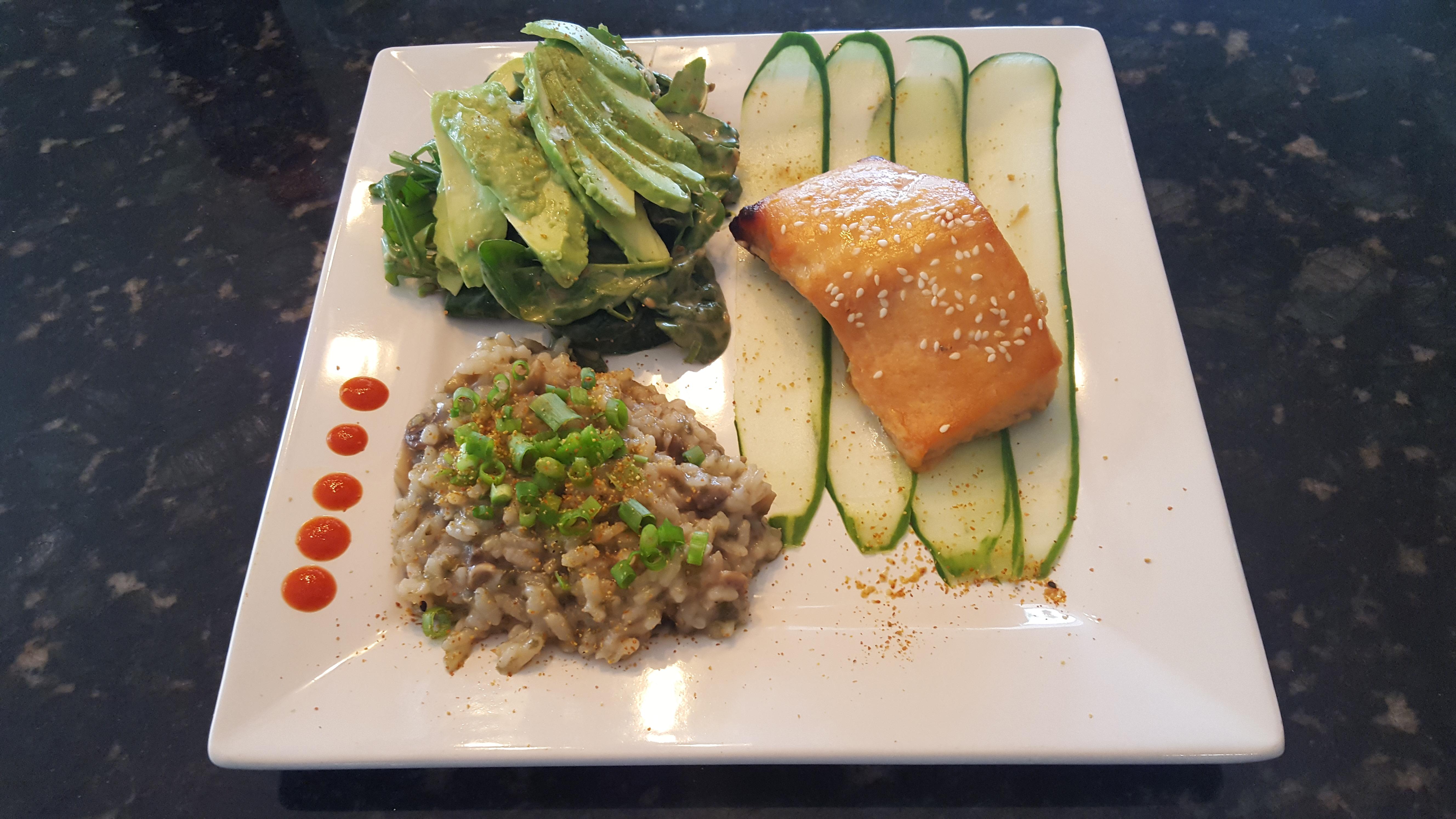 [Homemade] Miso Glazed Salmon w Dashi Mushroom Risotto r/food