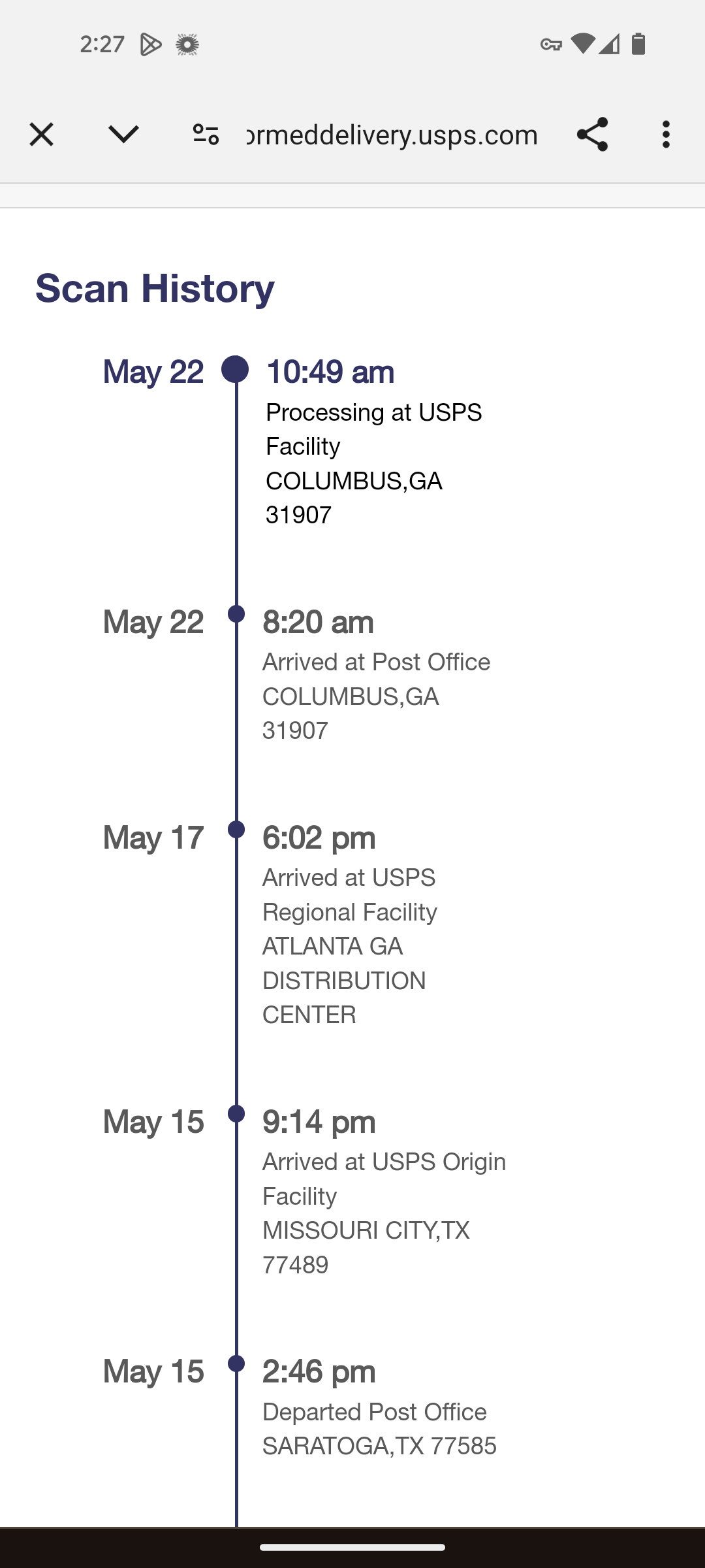 Is there a distro center in Columbus, GA or is it just sitting in a