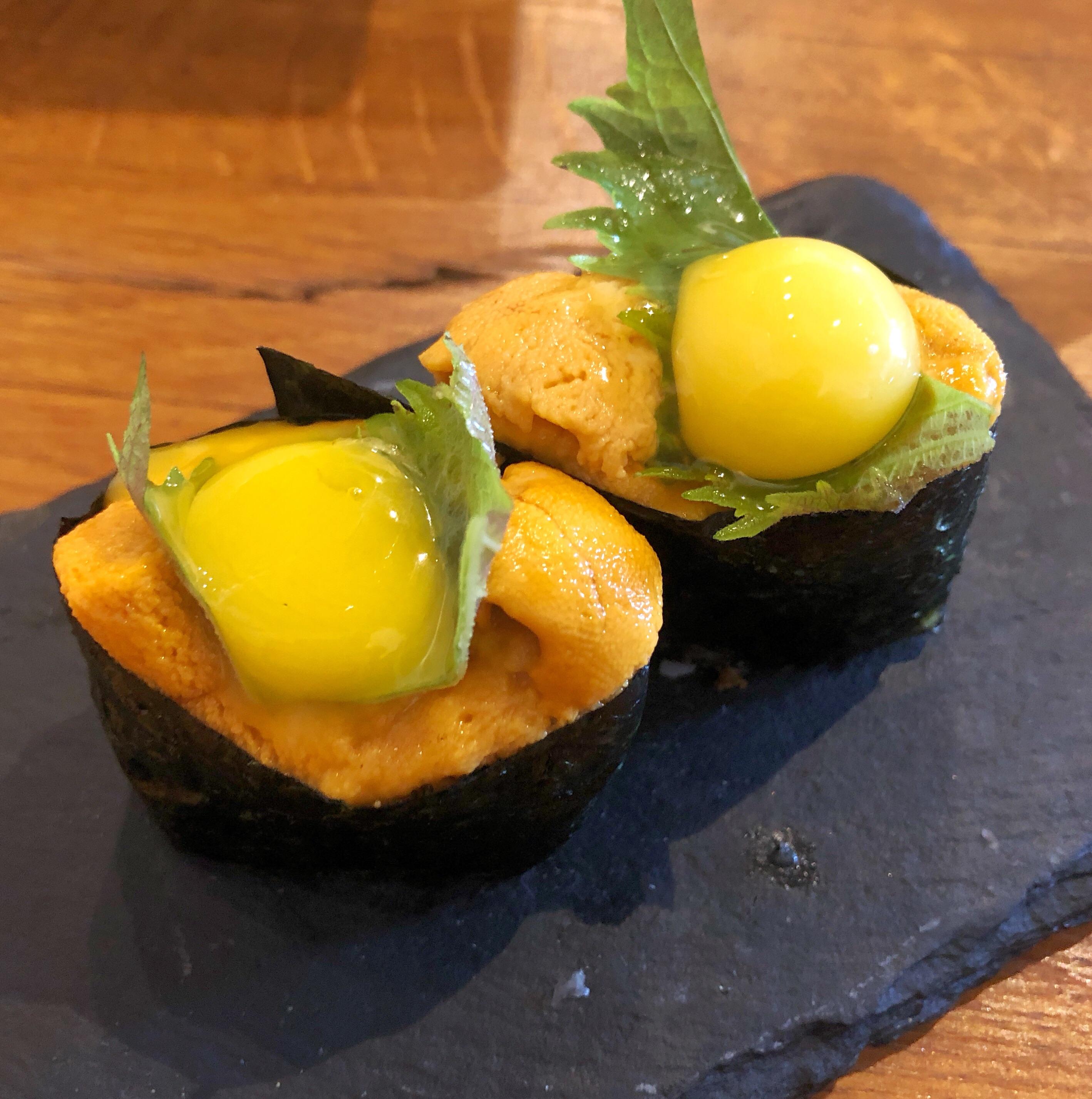 A personal favorite Uni topped with a quail egg! Oh Baby Sushi, Bay