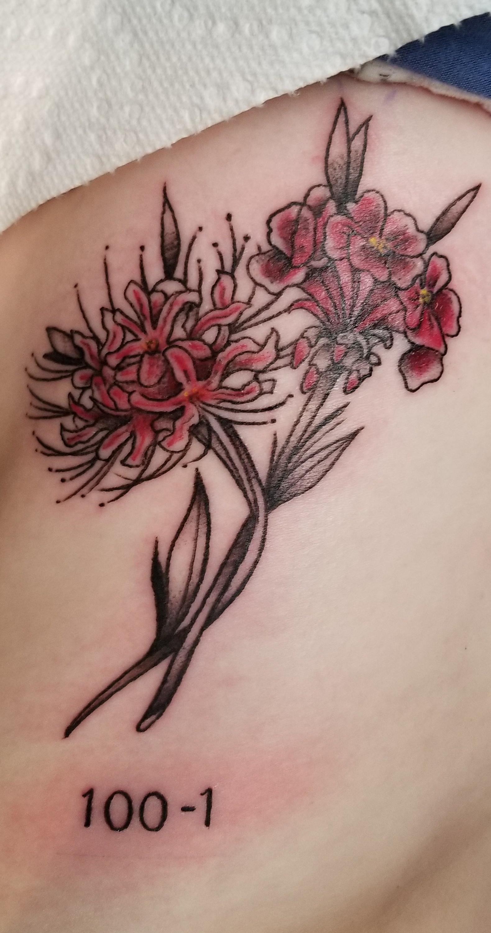 Spider lily and geranium by Nick Lynch at Artistic Skin Designs in
