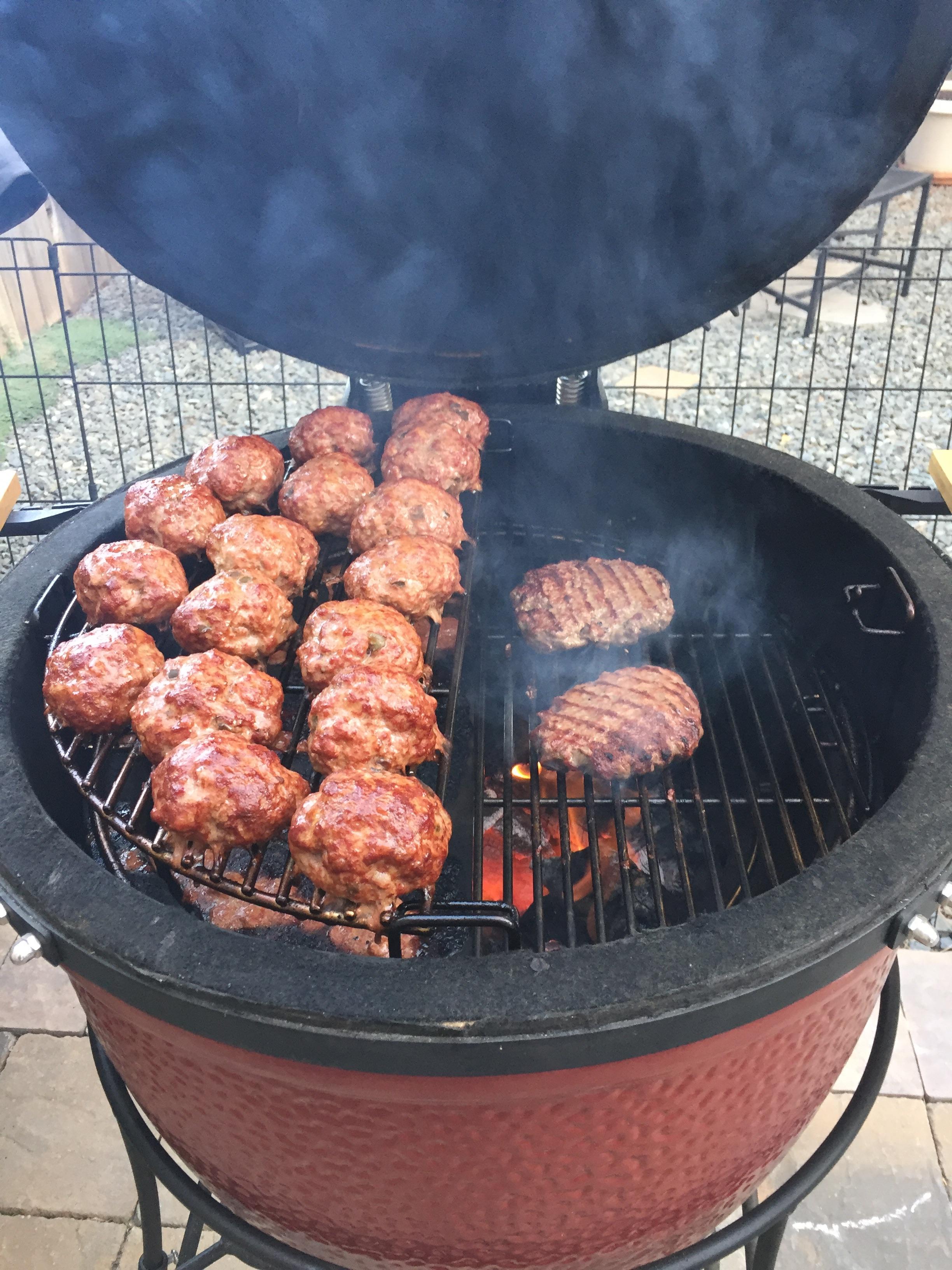 Divided, conquered. Smoked meatballs & burgers on the kamado joe. r/BBQ
