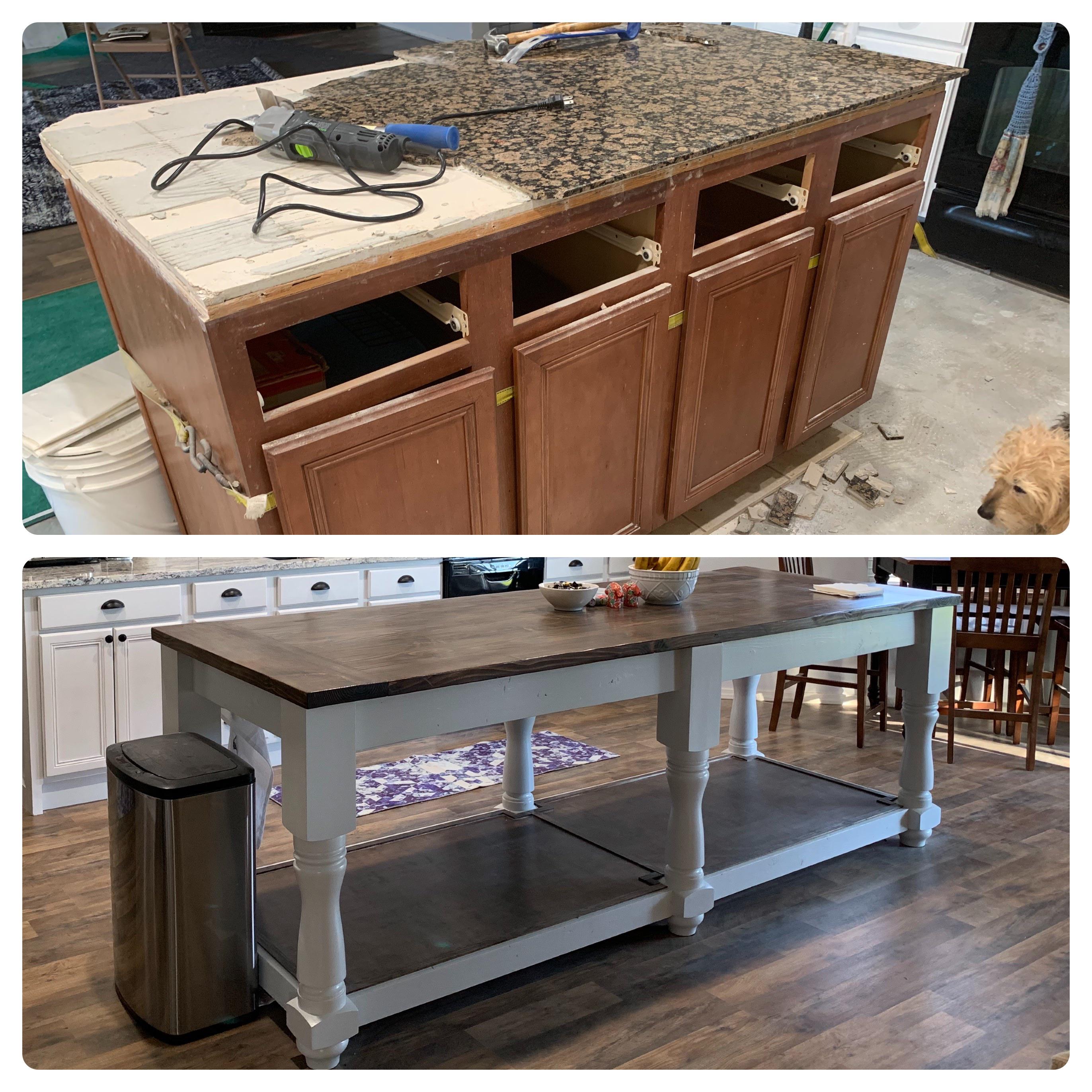 Kitchen island. What I (50, F) tore out (buildergrade garbage) vs what