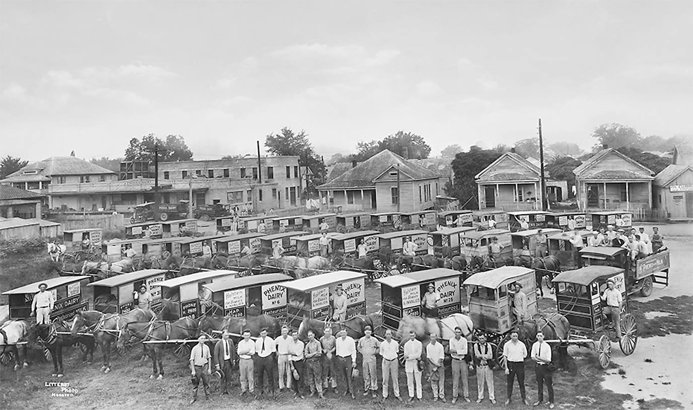 "1919 photo of all the horse drawn wagons delivering milk for the Phenix Dairy in Houston, Texas