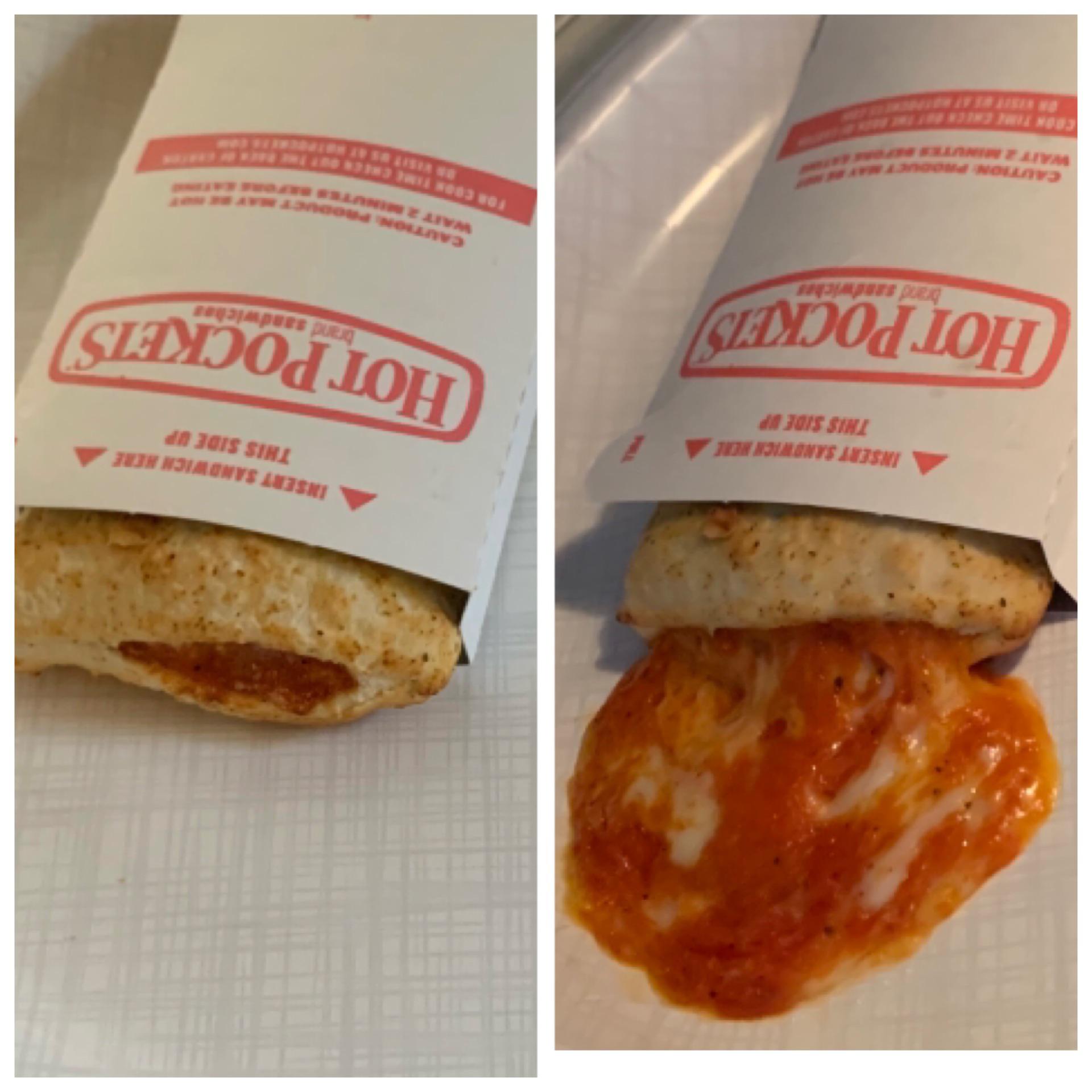 Hot Pockets are broken/ruined in packaging with holes ranging from 1 edge to all edges. Please