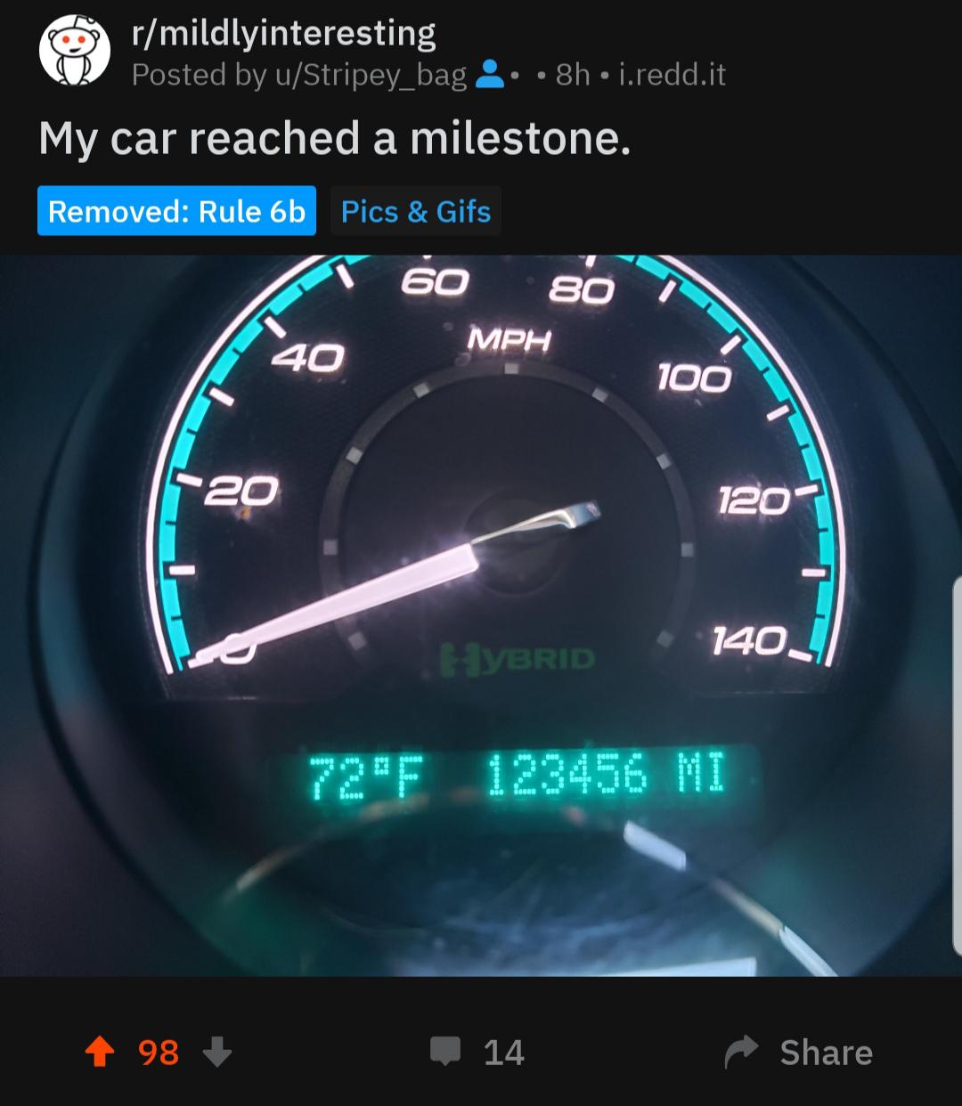 My post was removed from r/mildlyinteresting because my title about my car reaching a "milestone
