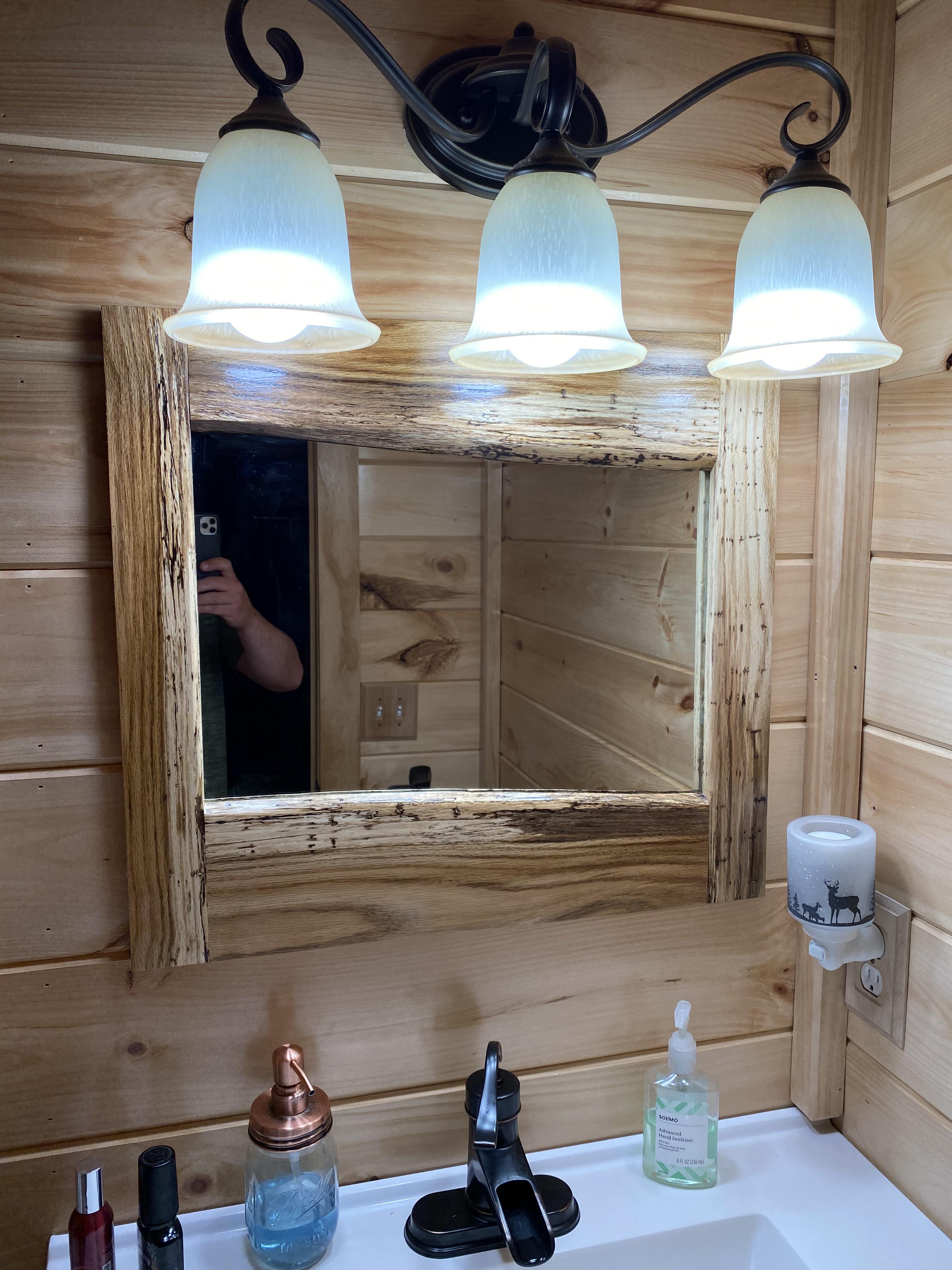 Spalted white oak bathroom mirror. First project using wood from on the