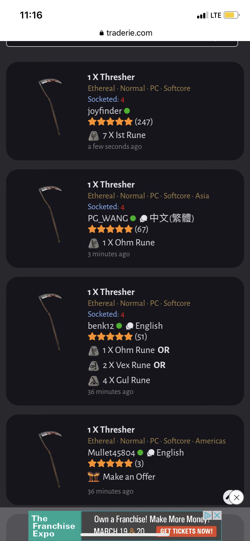 Can’t find the right price on traderie for a Eth 4os thresher . How