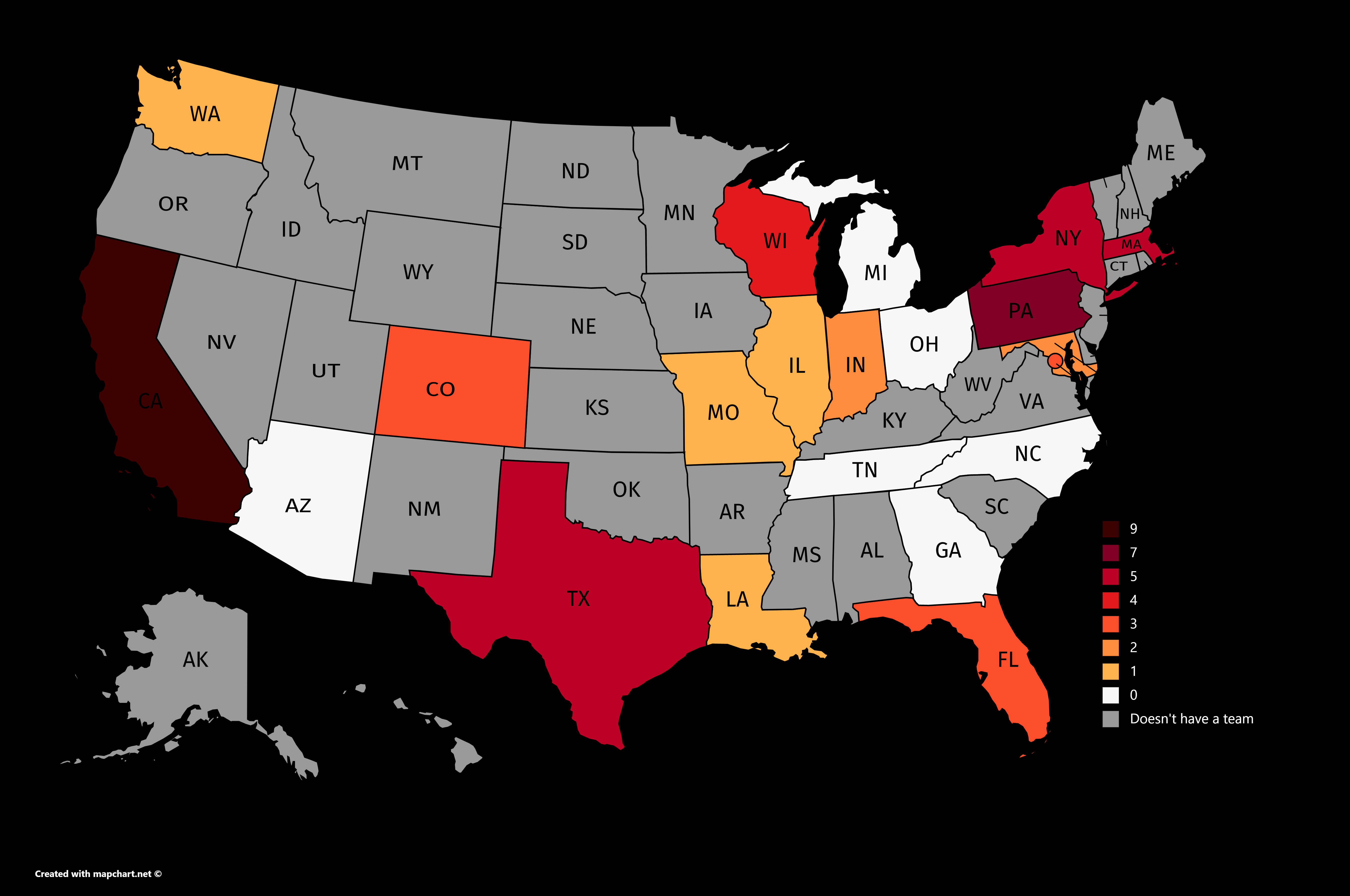 Number Of Superbowl Wins Each State Has [OC] r/MapPorn