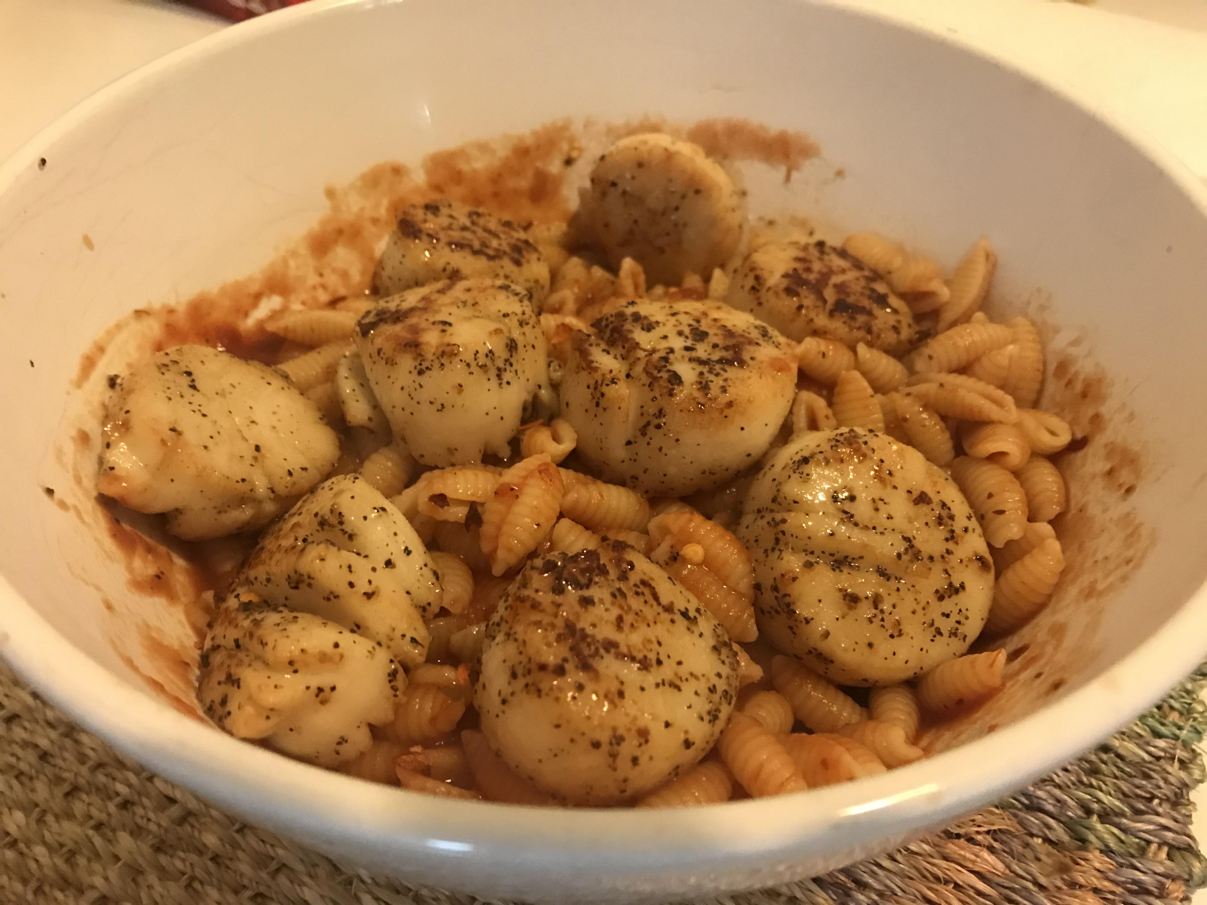 Sea scallops, cavatelli and Trader Joe’s spaghetti sauce. Can’t wait to