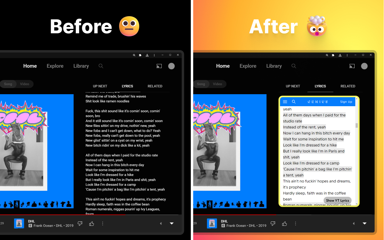 Made a Chrome Extension that seamlessly integrates Genius lyrics into