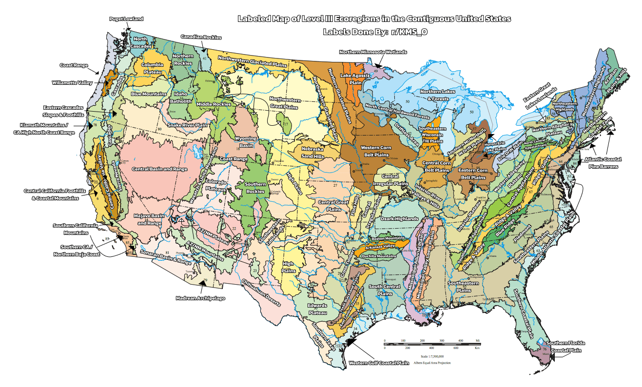 Labeled Map of Level III Ecoregions in the Contiguous United States u