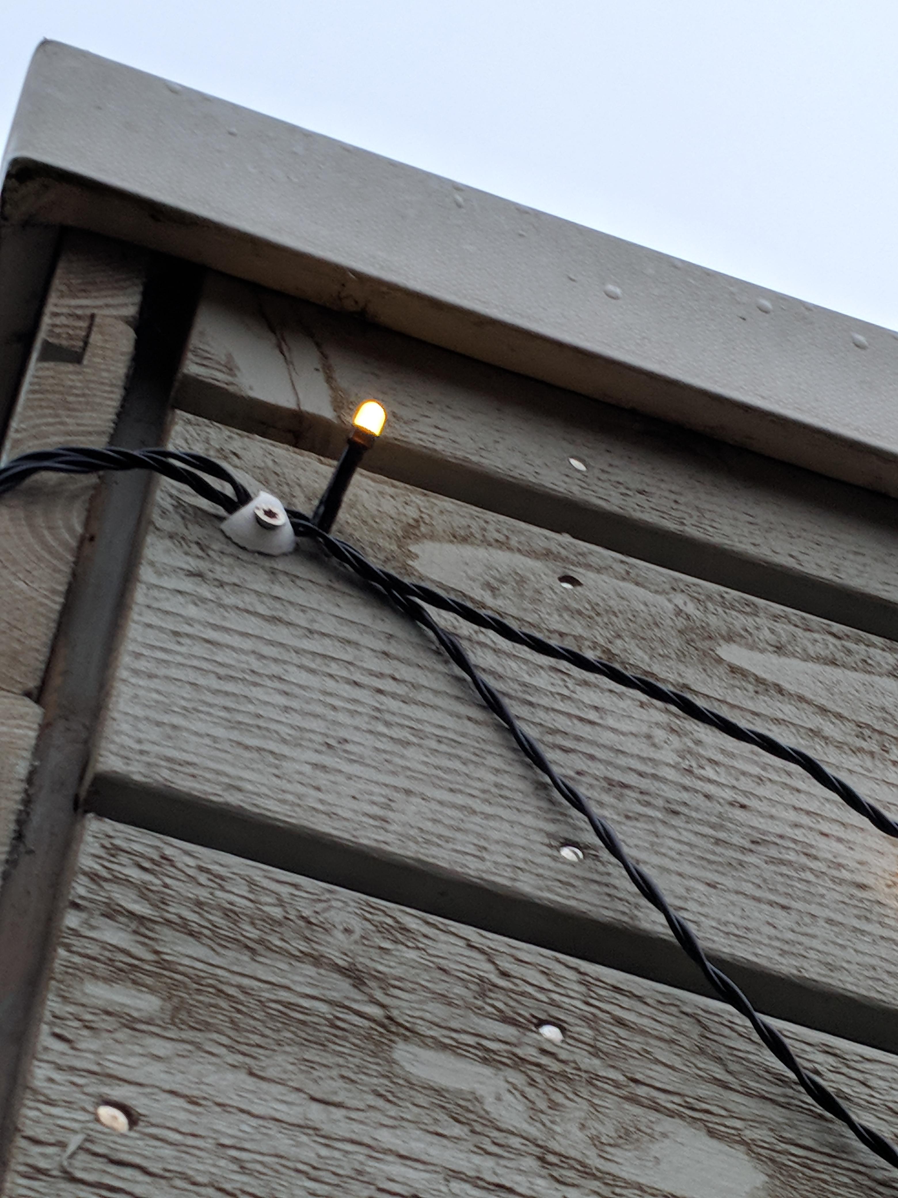Tiny Christmas light cable clips that can be screwed into the shed and