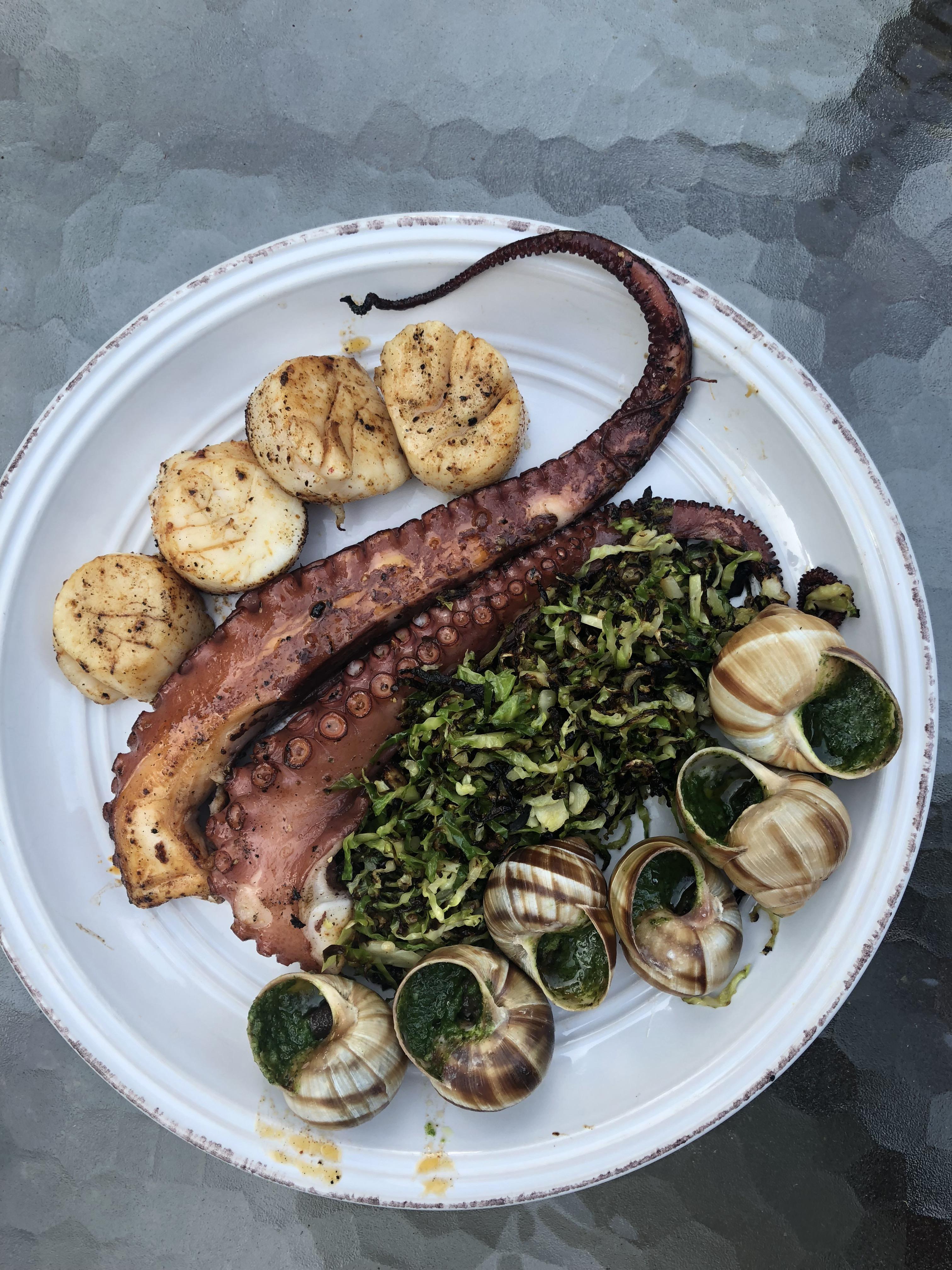 [homemade] grilled sea scallops and octopus with shredded sprouts and