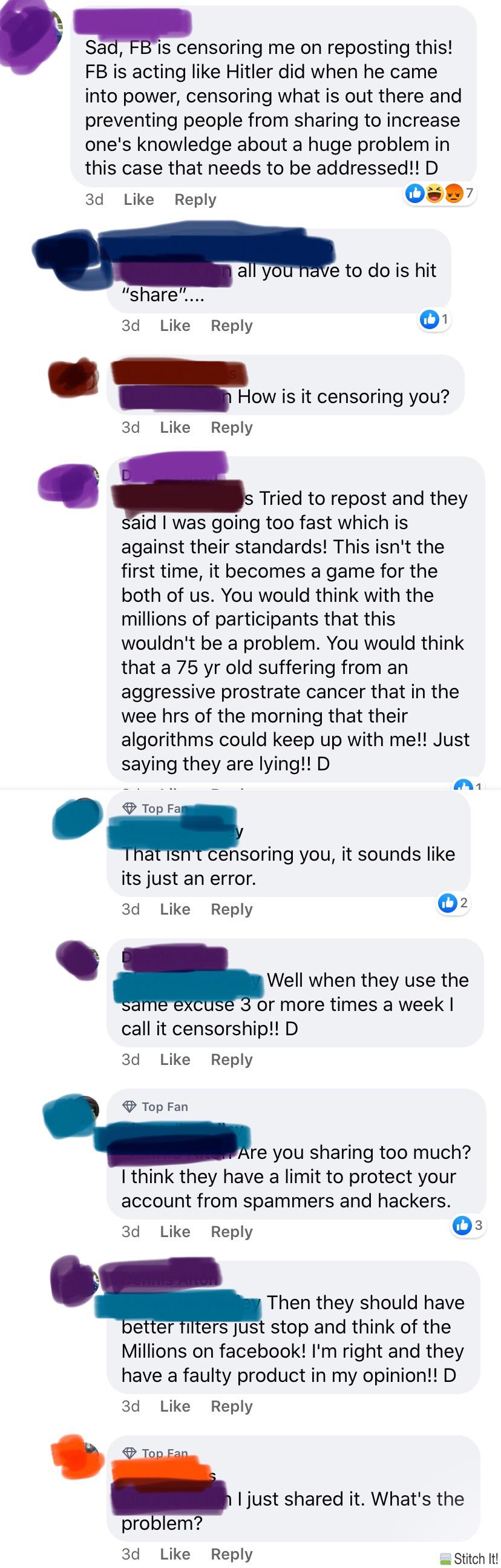 Facebook is censoring him because he can’t share a post right away