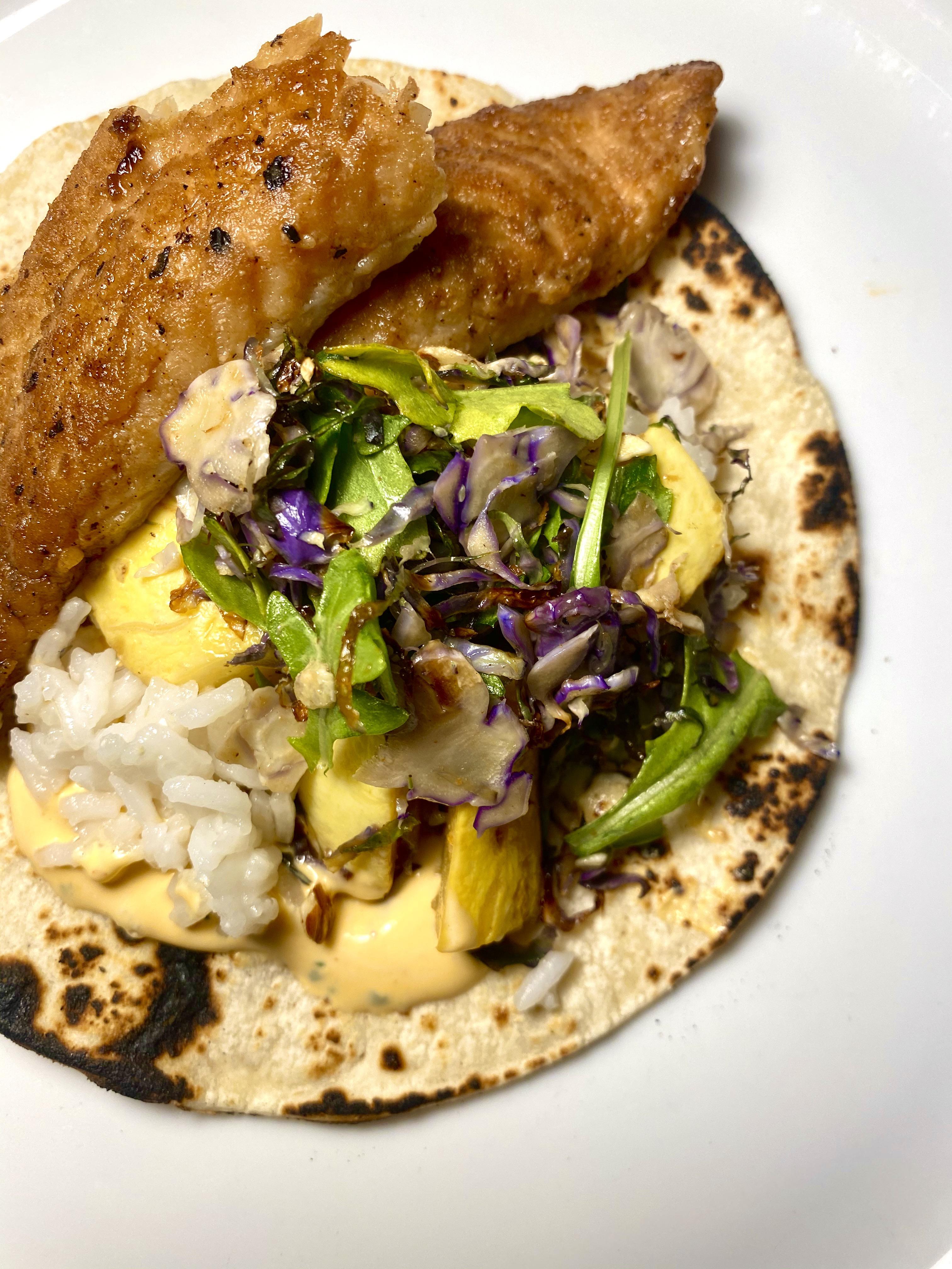 Sea Bass Tacos with Purple Brussel & Arugula Sesame Slaw, Pickled