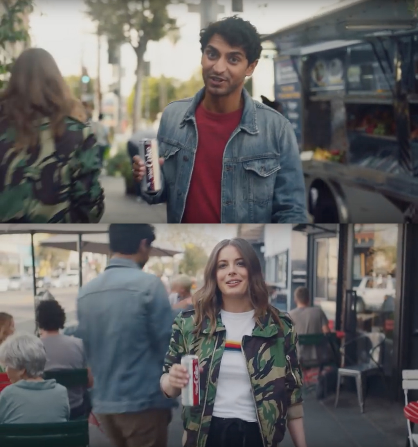Karan Soni walks by Gillian Jacobs doing her Diet Coke ad in his Diet