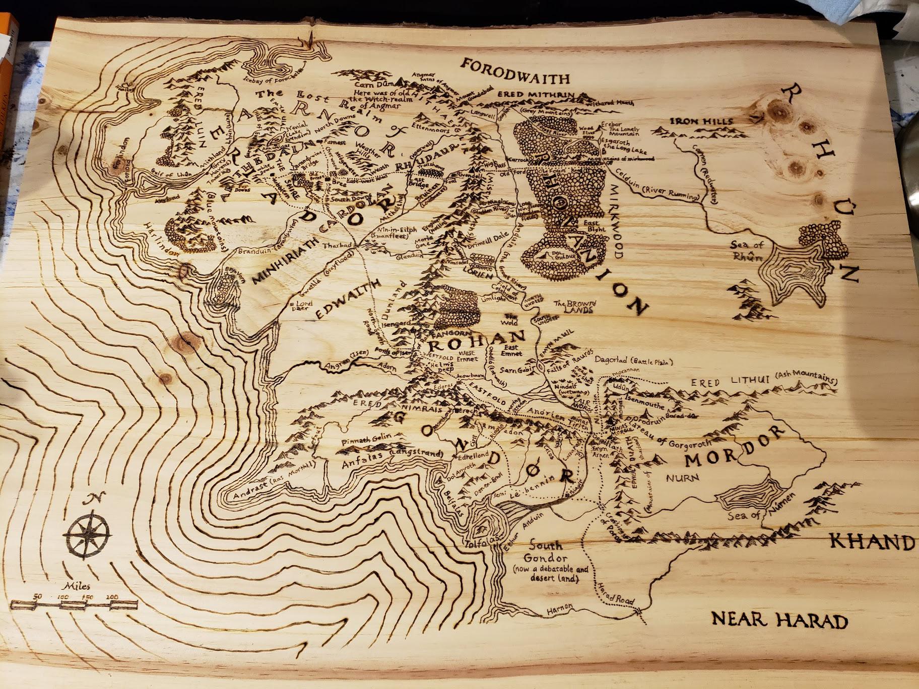 Middle earth map I finished wood burning. r/lotr
