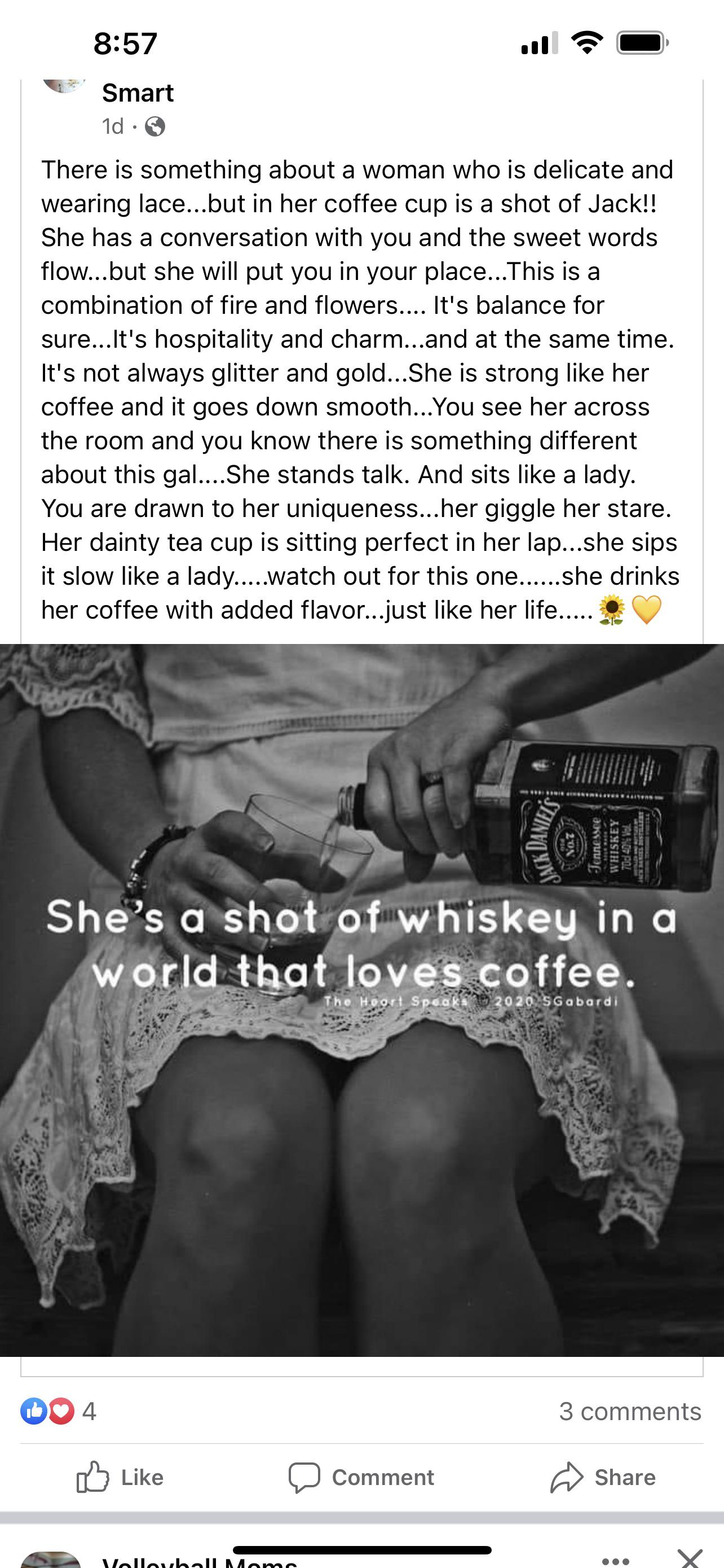 Not like other girls because she drinks whiskey instead of coffee in