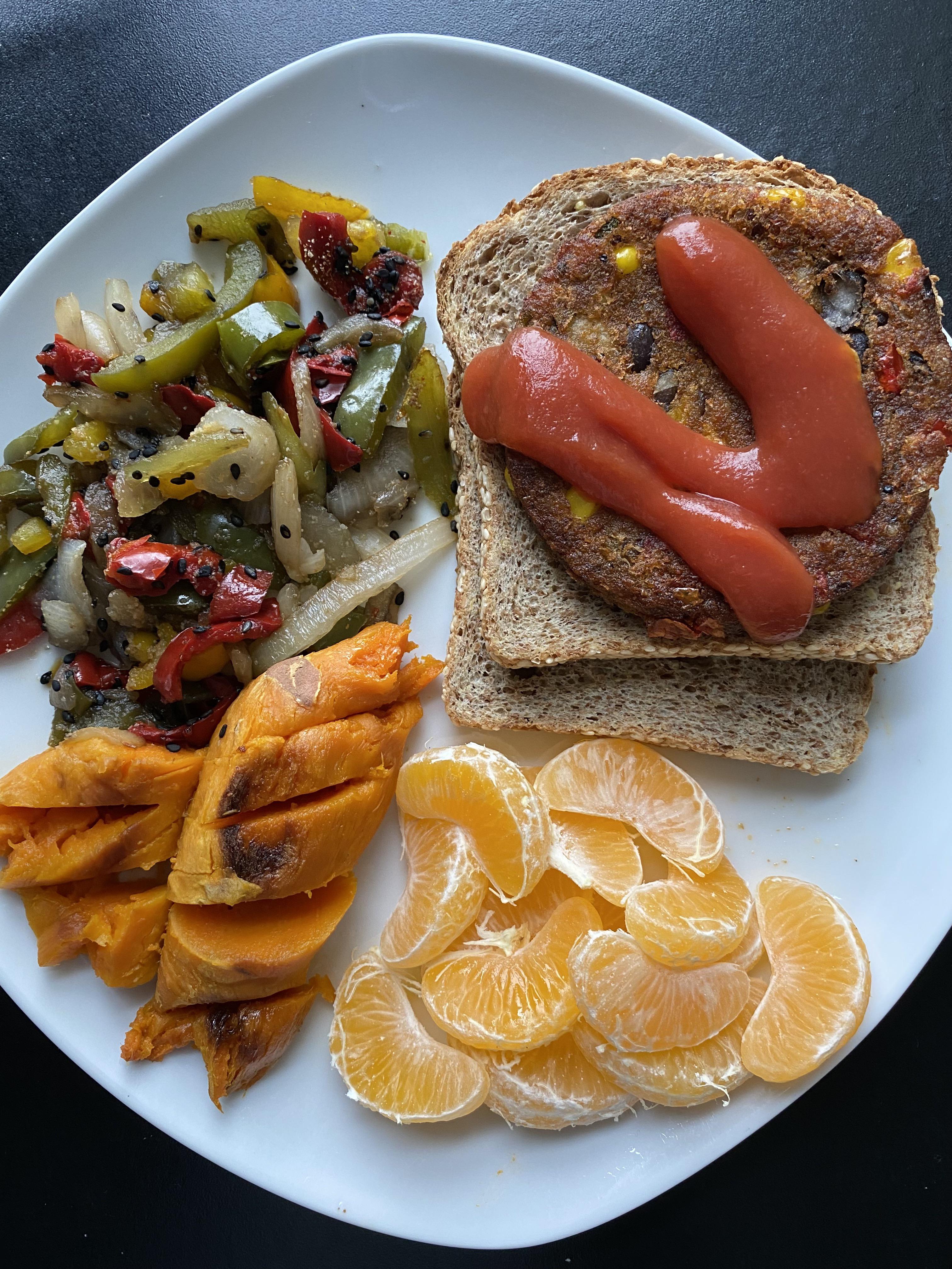 503 calorie lunch! veggie burger, ezekiel toast, peppers and onions
