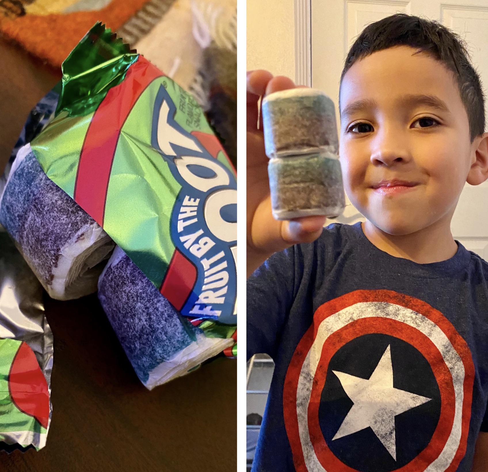 My 5 year old found a pack of fruit roll ups with 2 rolls in 1 wrapper