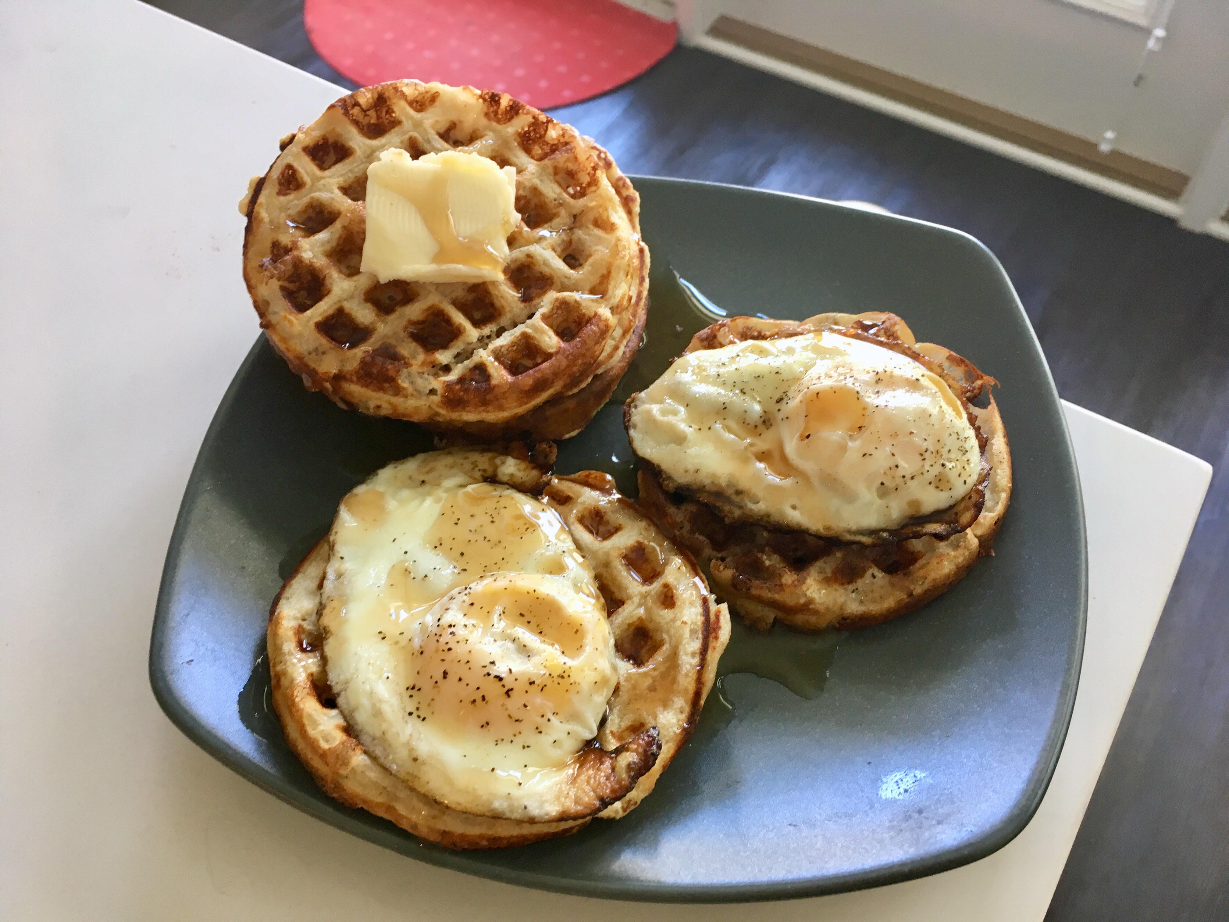 Brunch! Waffles topped with fried eggs r/PutAnEggOnIt