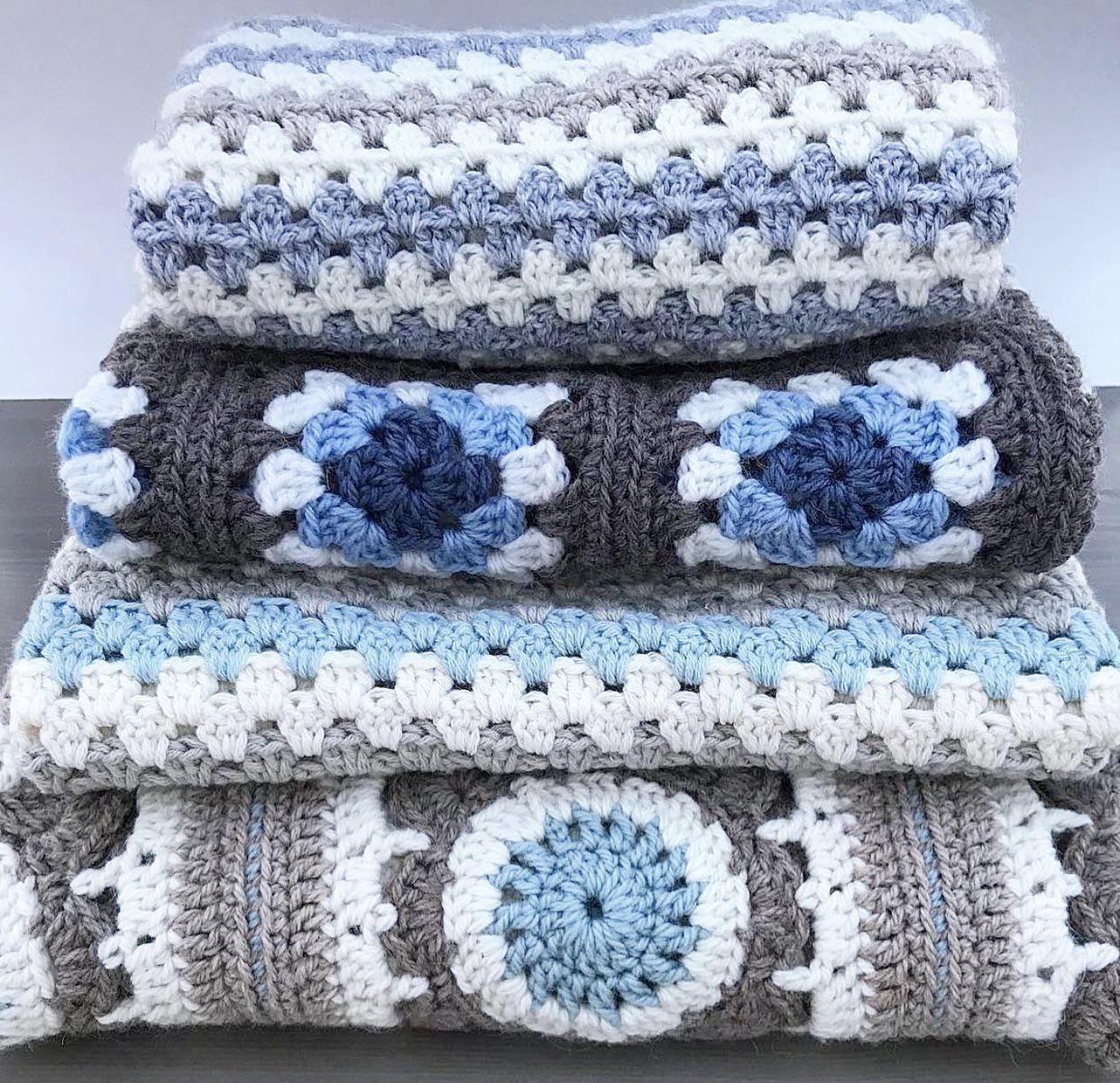 Some Winter Baby blankets. Two made with granny stripes. One with grannysquares. The one at the