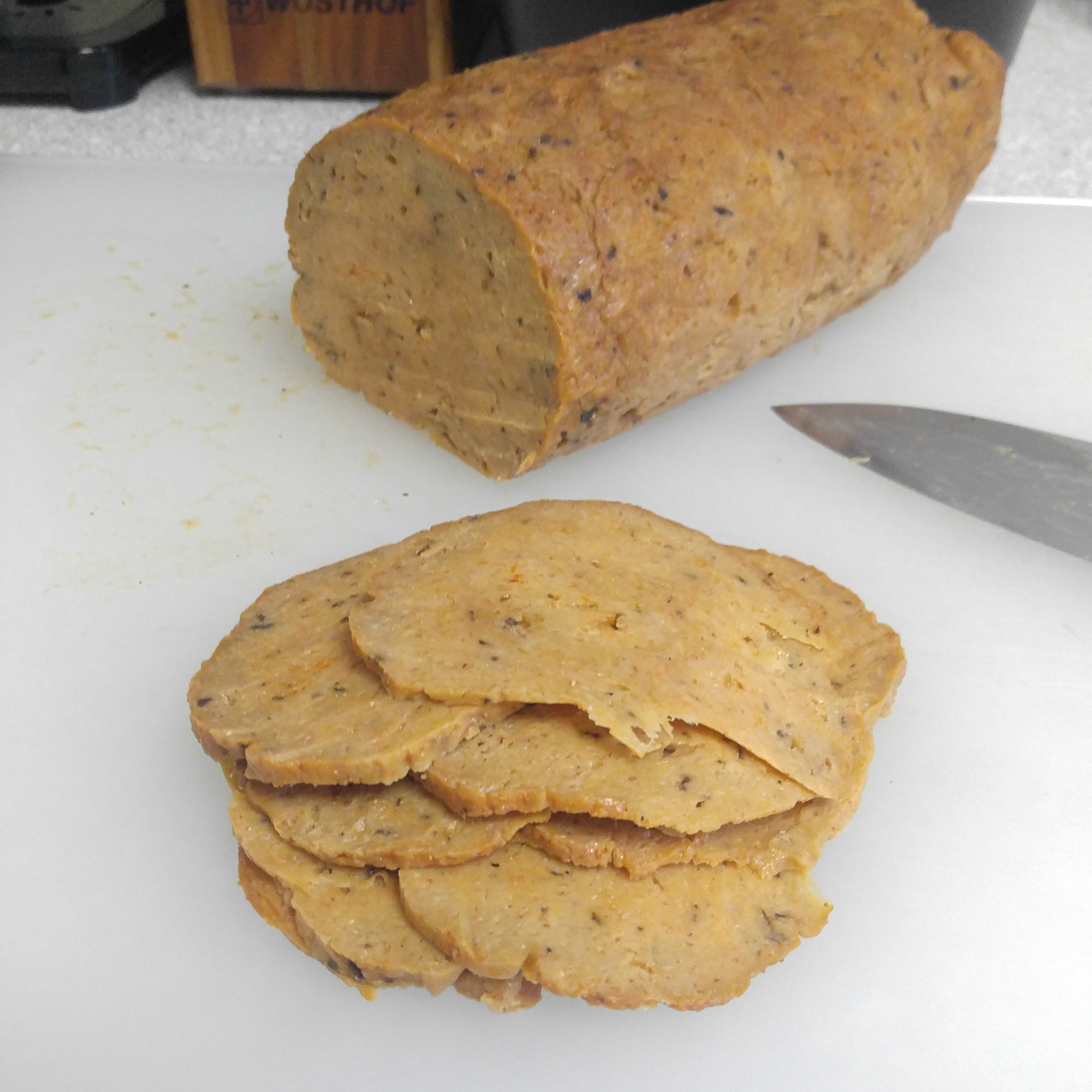 Homemade seitan. Much cheaper than buying vegan deli slices from the