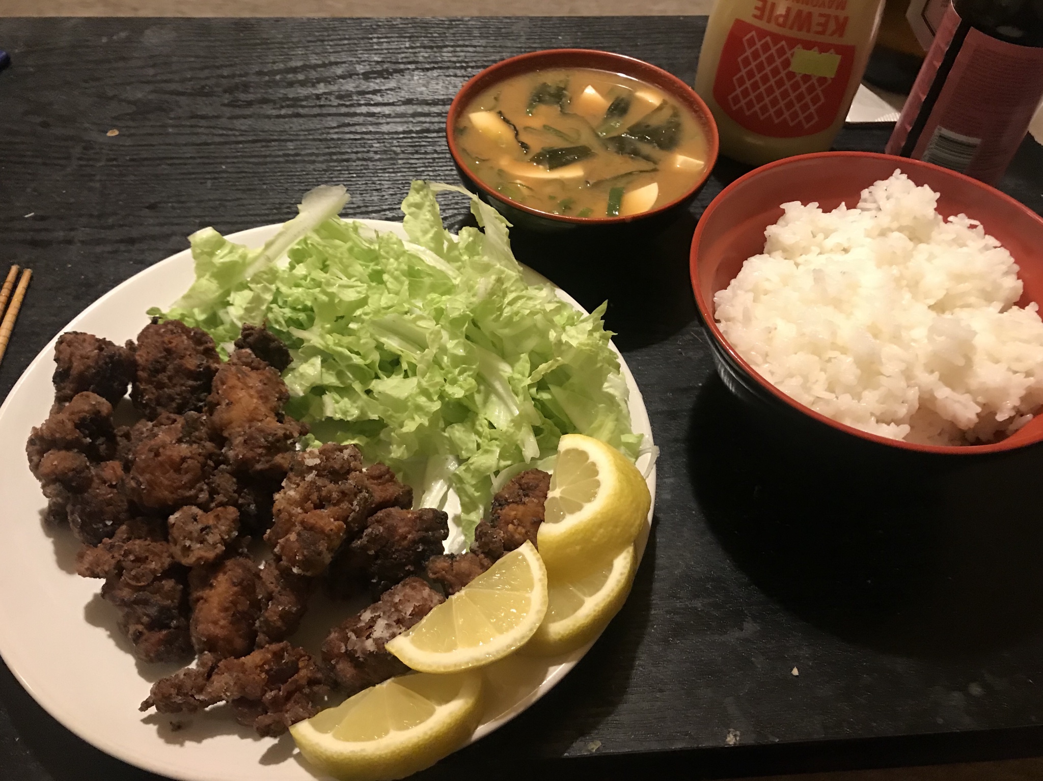 Karaage (Japanese fried chicken) with miso soup and rice. r/UK_Food