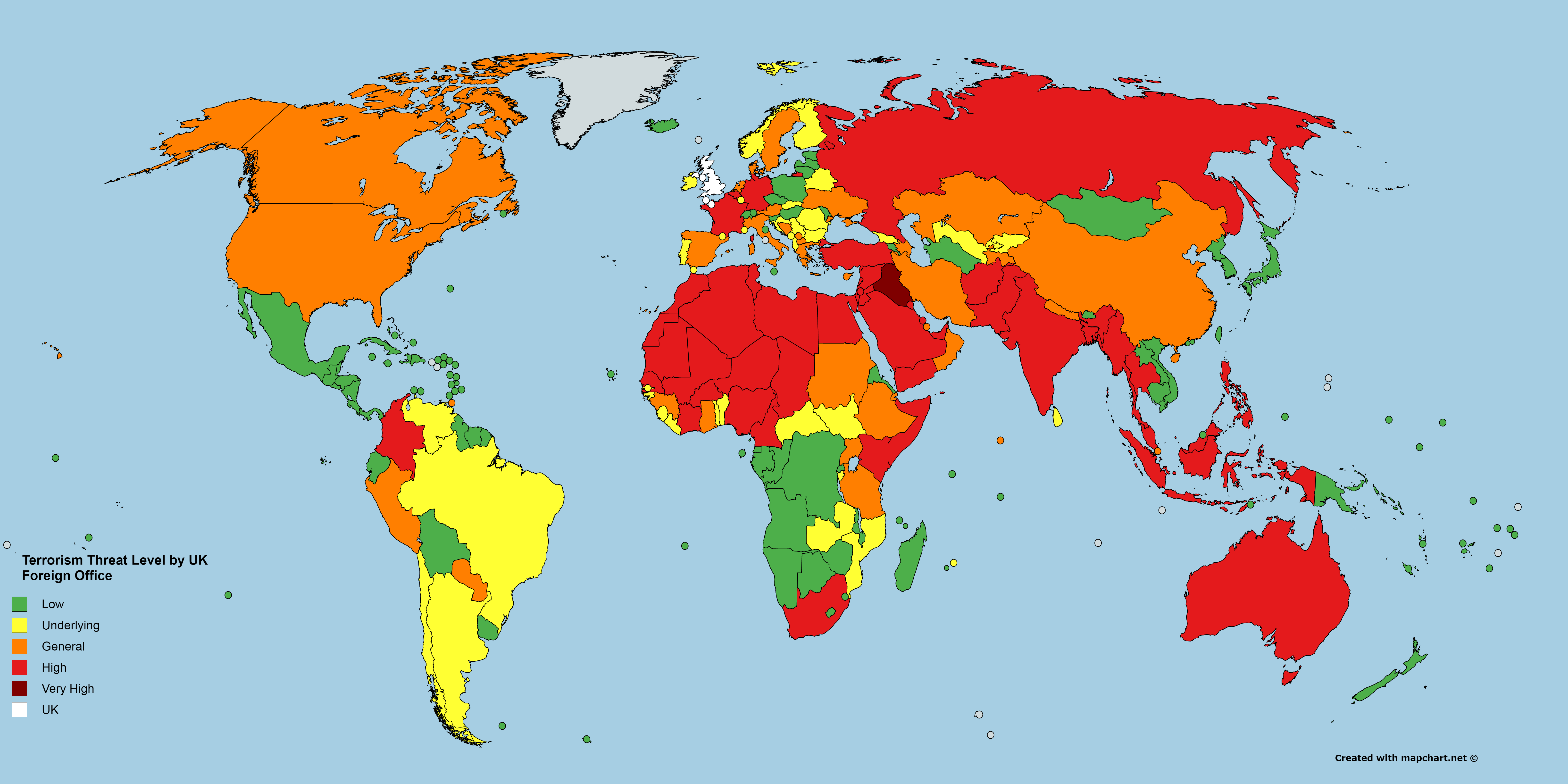Terrorism Threat Level of countries across the world, according to UK
