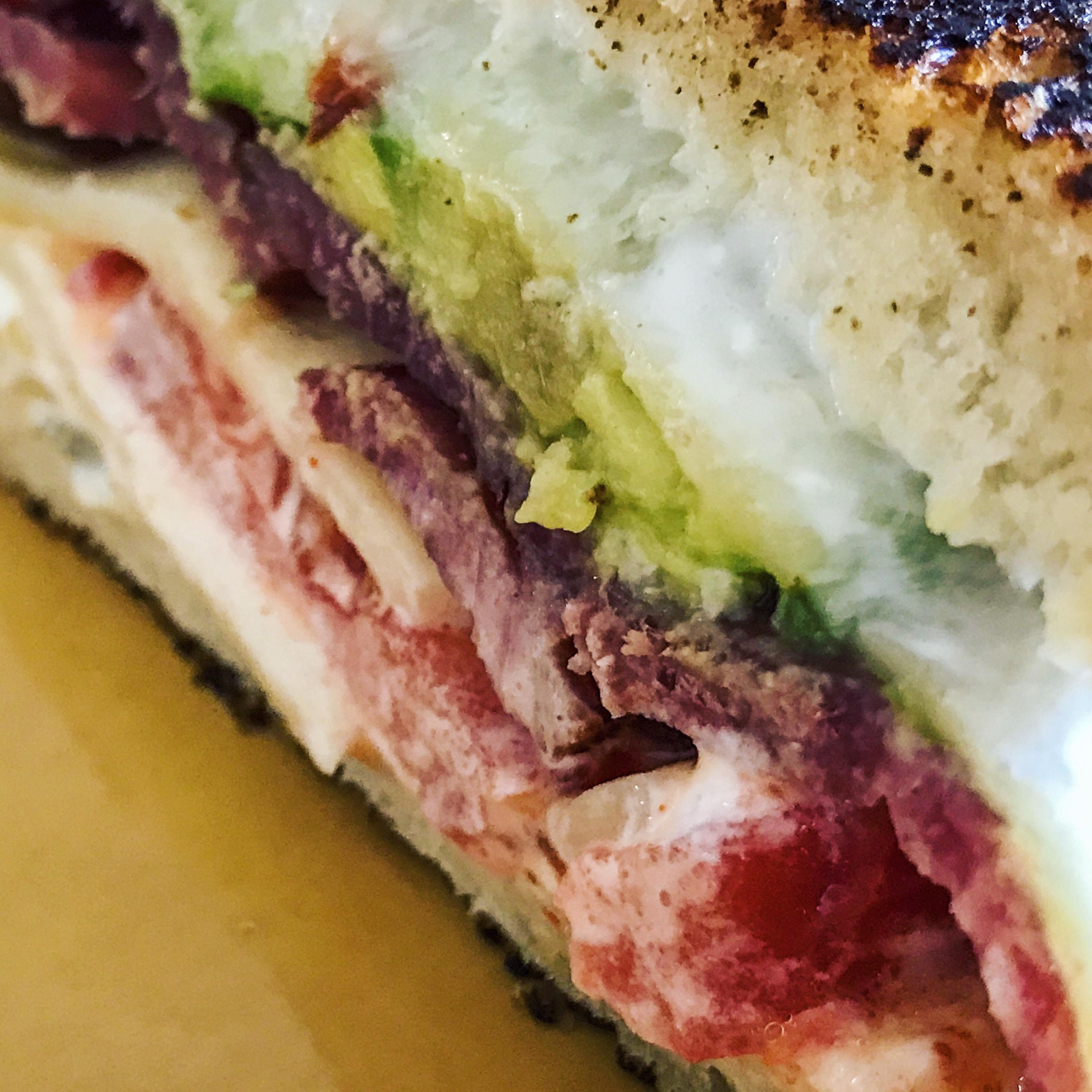 Bacon avocado melt 3 layers of pepper jack cheese on sourdough r