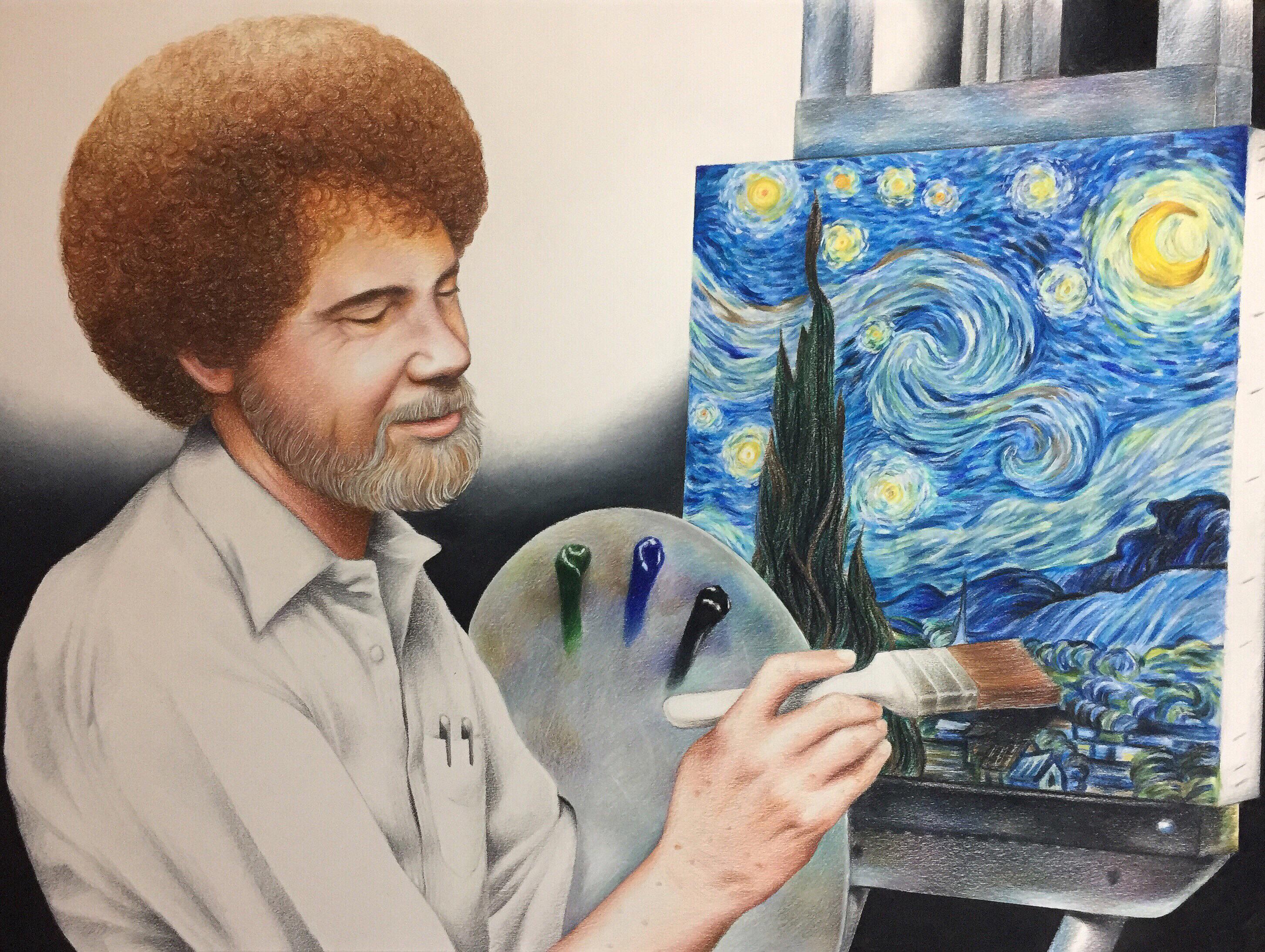 Bob Ross painting the Starry Night artwork by me! r/HappyTrees