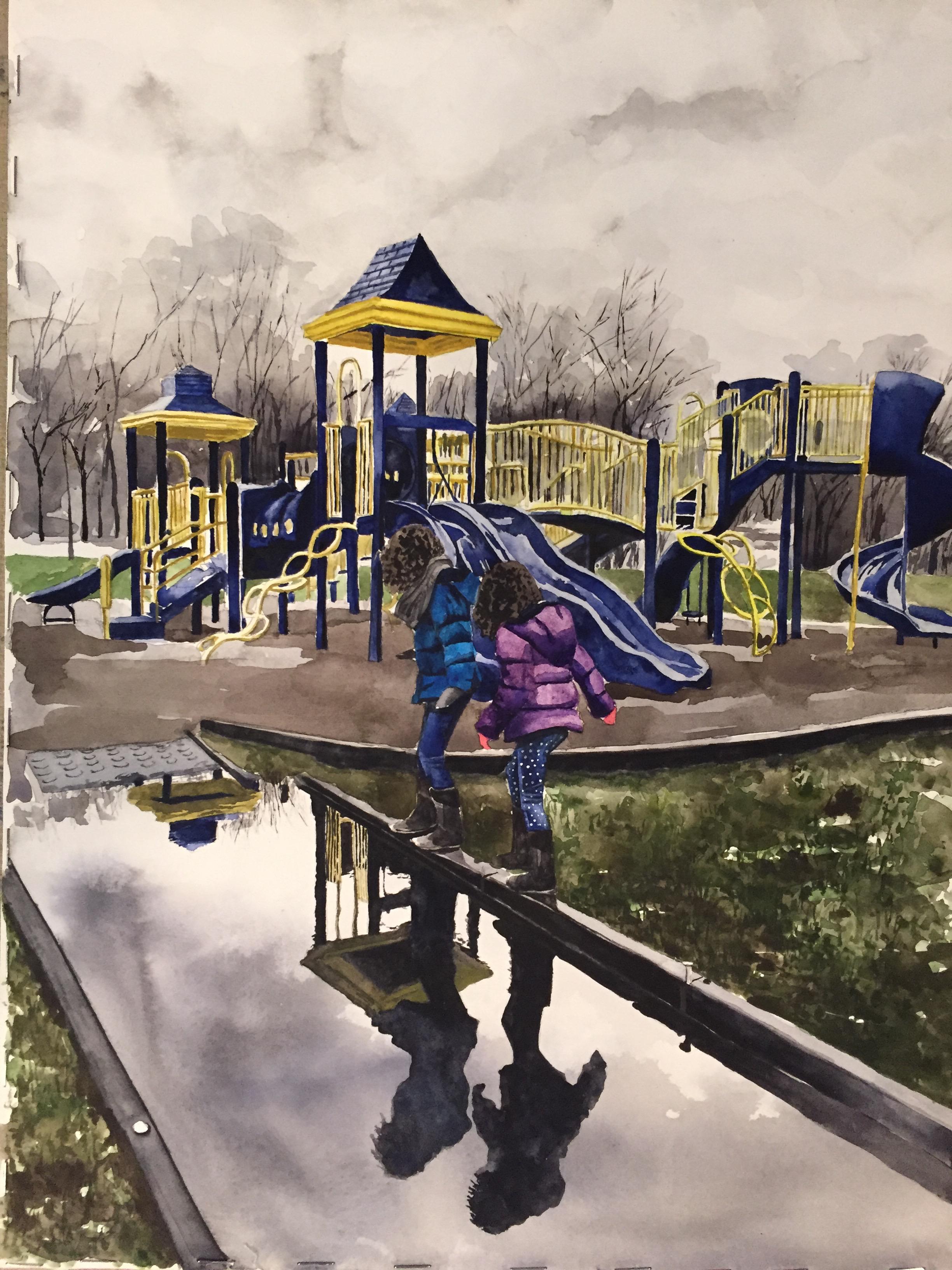 Daughters at Playground, Me, Watercolor, 2015 r/Art