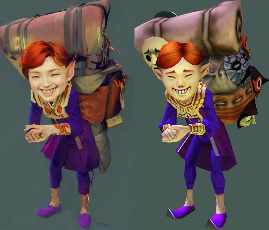 Img2Img of Happy Mask Salesman in Majora's Mask 3DS used for