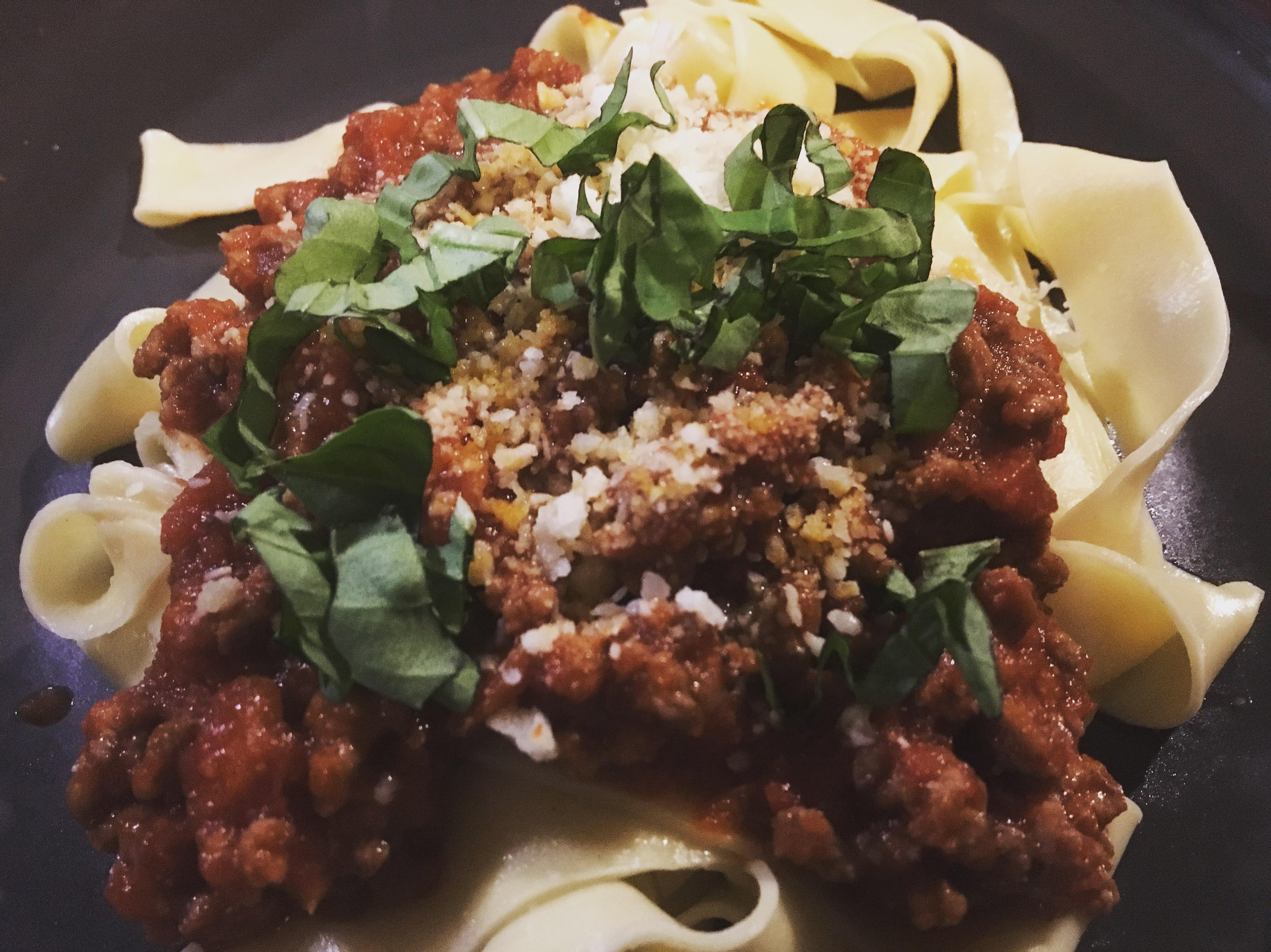 My wife and I made homemade pappardelle and topped it with veal