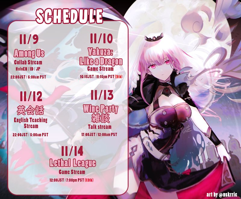 Calli's Schedule for the week 11/9 to 11/14 Hololive
