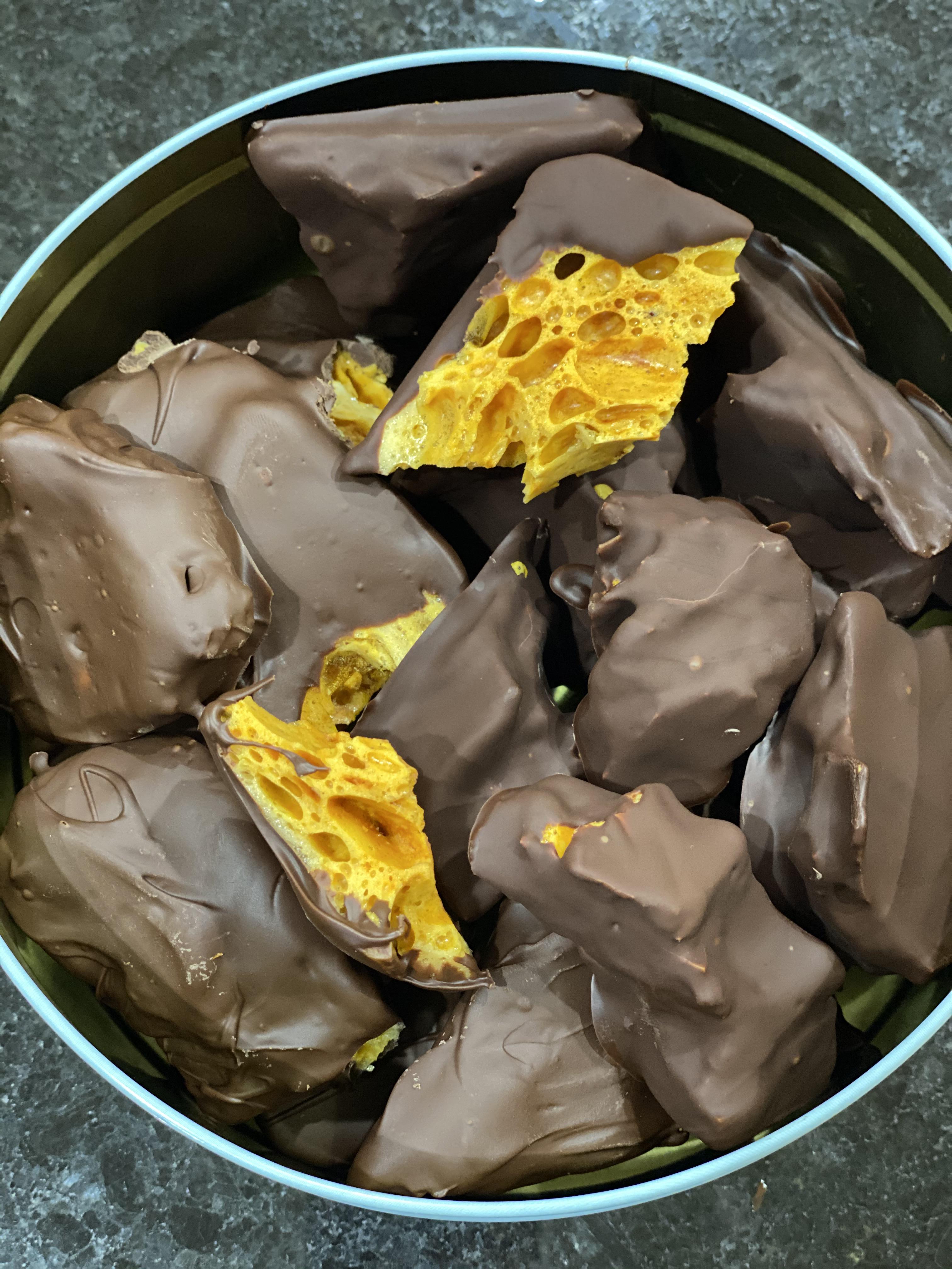 [homemade] milk and dark chocolate dipped candy r/food