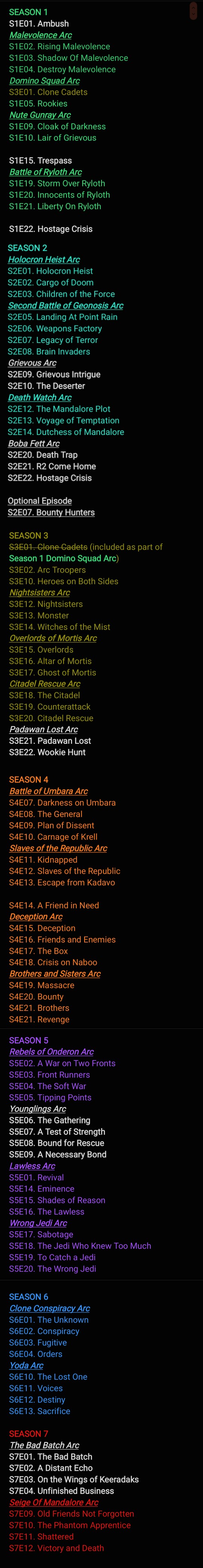 A Clone Wars Watchlist I compiled on my Notes App. I